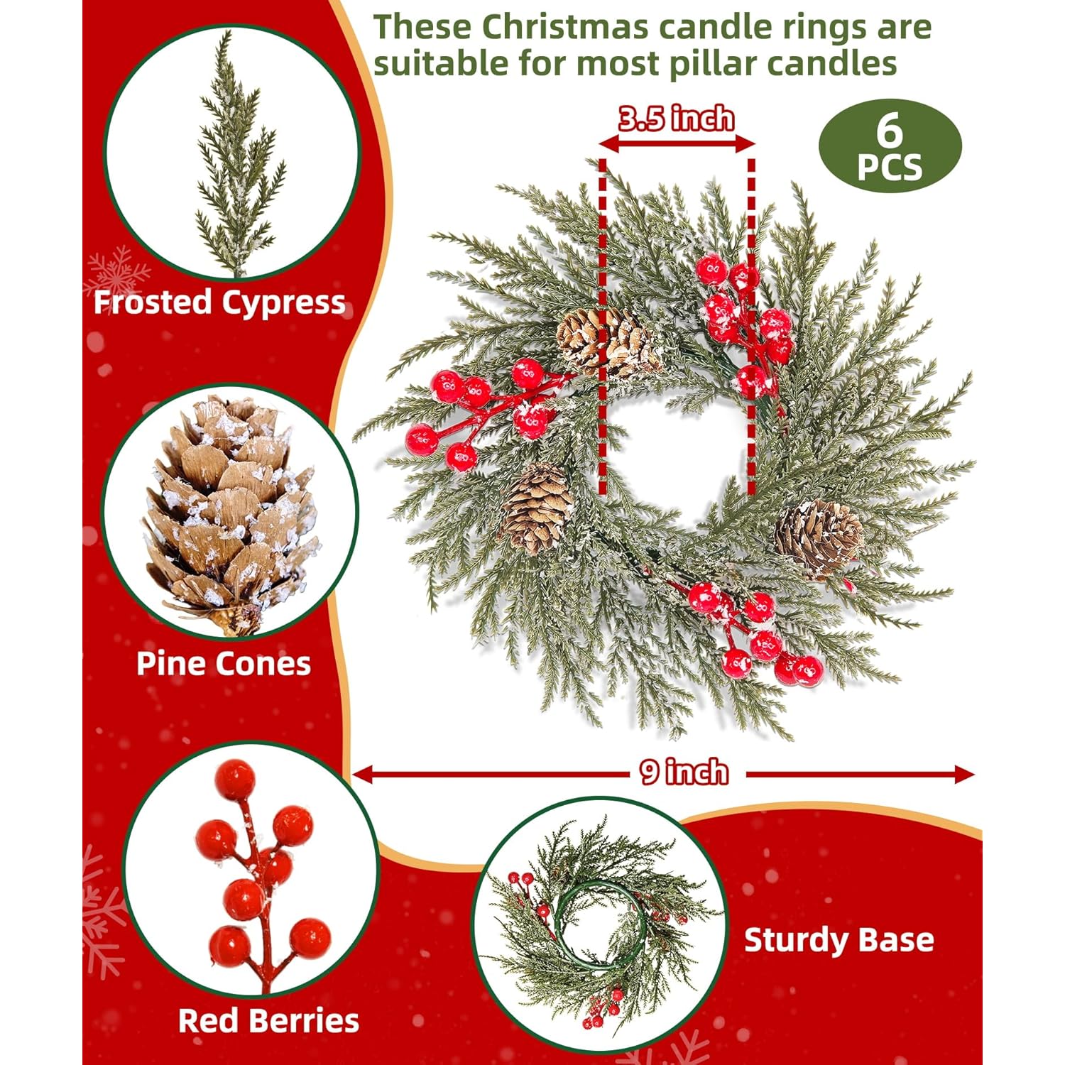 6 Pack Flocked Mini Christmas Wreath Candle Rings – 9"X3.5" Snowy Cypress Wreaths With 20 Branches 21 Red Berries & 3 Pinecones, Small Xmas Candle Wreath Decor For Cabinet Table Centerpiece Holiday