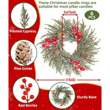 6 Pack Flocked Mini Christmas Wreath Candle Rings – 9"X3.5" Snowy Cypress Wreaths With 20 Branches 21 Red Berries & 3 Pinecones, Small Xmas Candle Wreath Decor For Cabinet Table Centerpiece Holiday