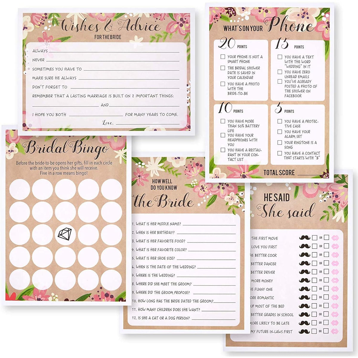 Bridal Shower Games 50 Guests - 5 Floral Cards, 5 X 7 In - Bridal Shower Games For Bachelorette Party & Wedding Shower Activities & Engagement Party Fun