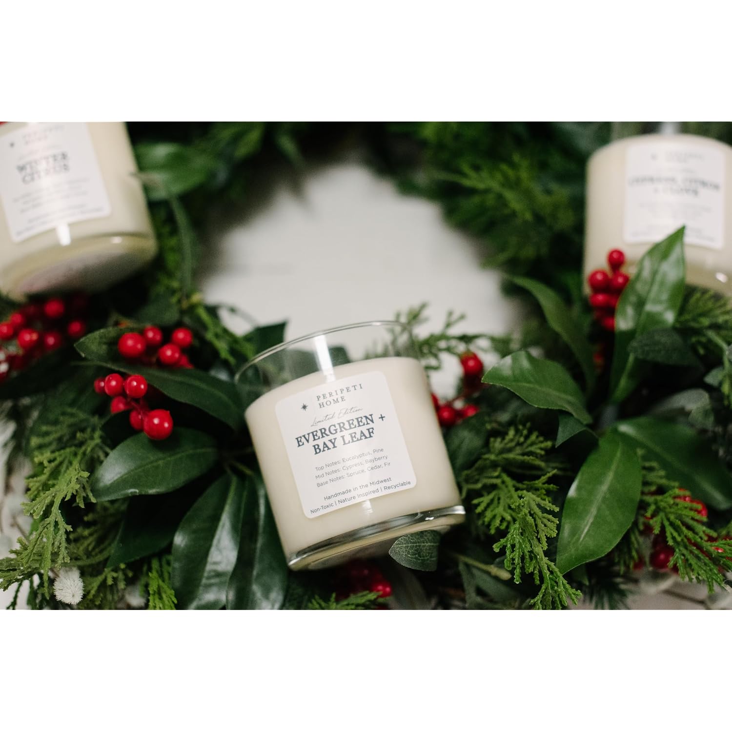 Peripeti Home Evergreen + Bay Leaf Scented Candle – 8.5Oz Classic Wick, Natural Wax For Calming Aromatherapy, Long-Lasting Fresh Woodland Scent