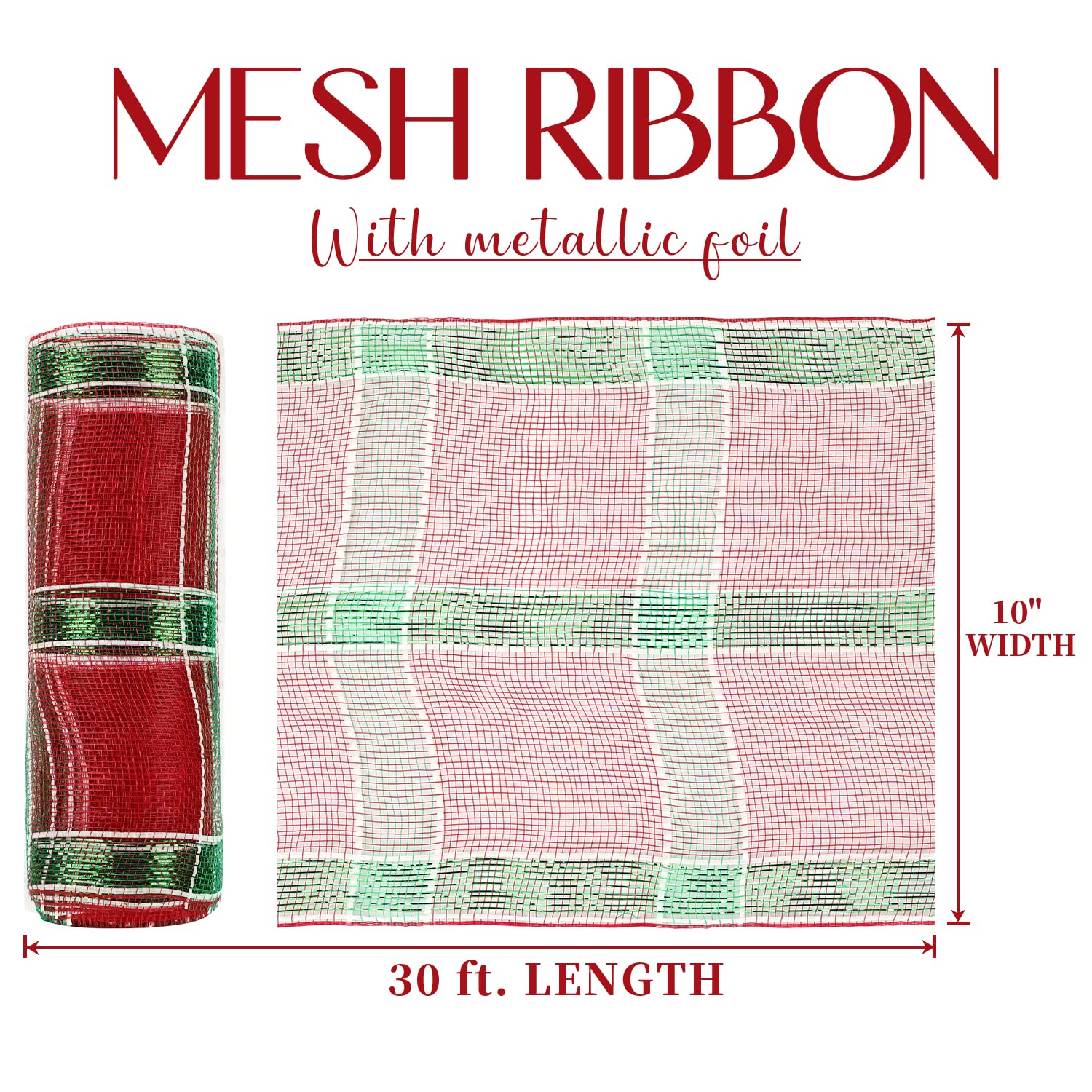 10 Inch Wide Red Green And White Deco Mesh Metallic Plaid Deco Mesh Ribbon For Christmas Tree, Garland, Staircase, Mailbox, Centerpiece, Wreaths, Decorating And Crafts (30 Feet)