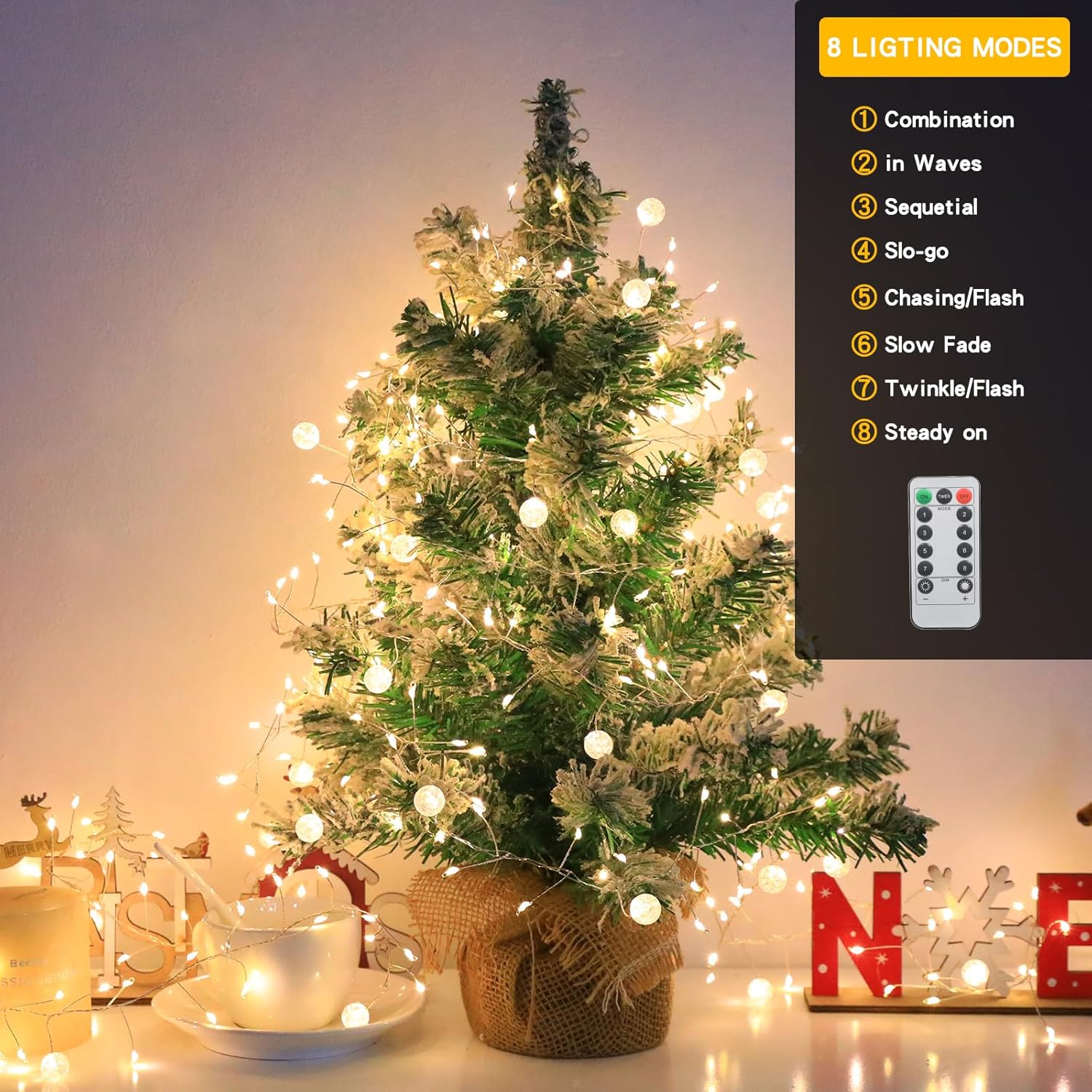 Copper Wire Firecracker Christmas Lights, 10Ft 200Led Battery Operated Twinkle Firecracker Fairy String Lights With Remo