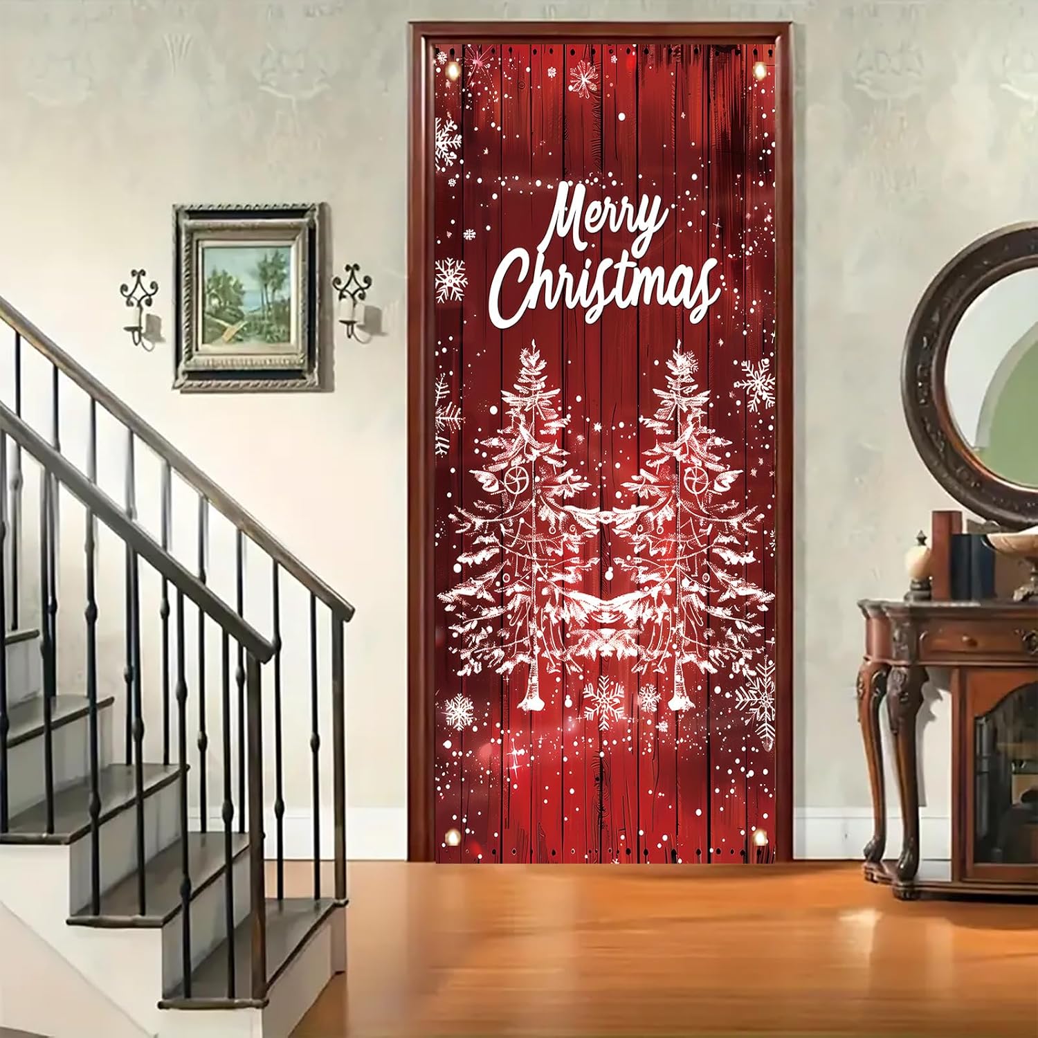 Merry Christmas Door Cover Banner 35X71 Inch Winter Holiday Red Wood Wall Backdrop Snowflake Tree Door Cover Seasonal Front Porch Hanging Welcome Sign For Xmas Decorations