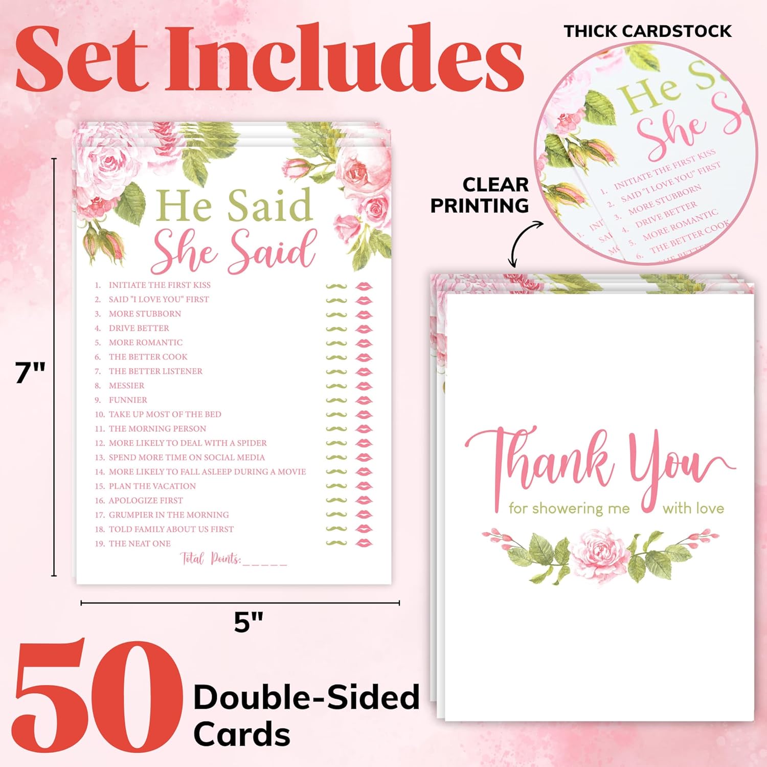 He Said She Said Bridal Shower Game - 50 Pcs Him Or Her Wedding Shower Game For 50 Guests, Engagement Party Games For Floral Bridal Showers Decorations