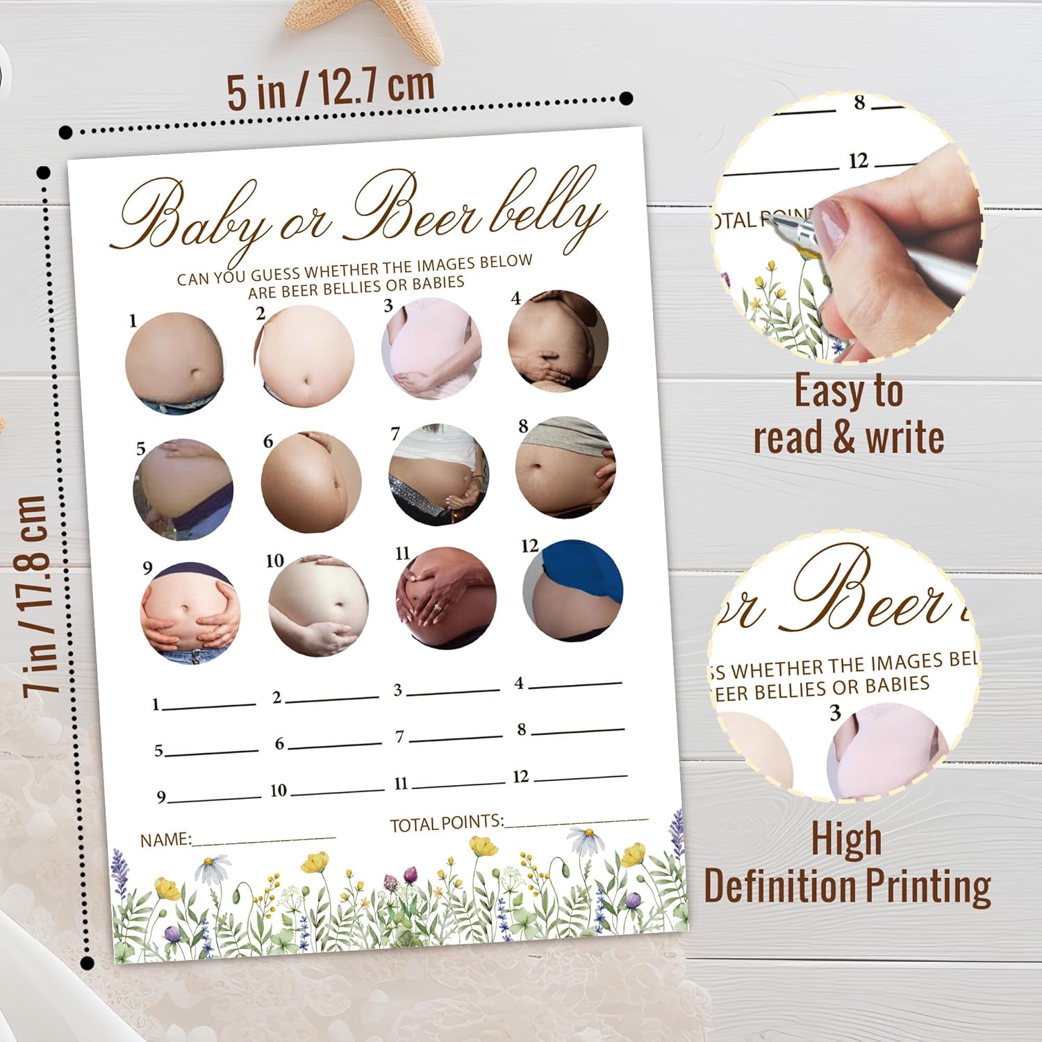 Wildflower Baby Shower Games, Beer Belly Game Cards, 25 Gender Neutral Cards With 1 Answer, Flower Gender Reveal Party Supply Kit, Baby Shower Decorations(5''X7'')-A22