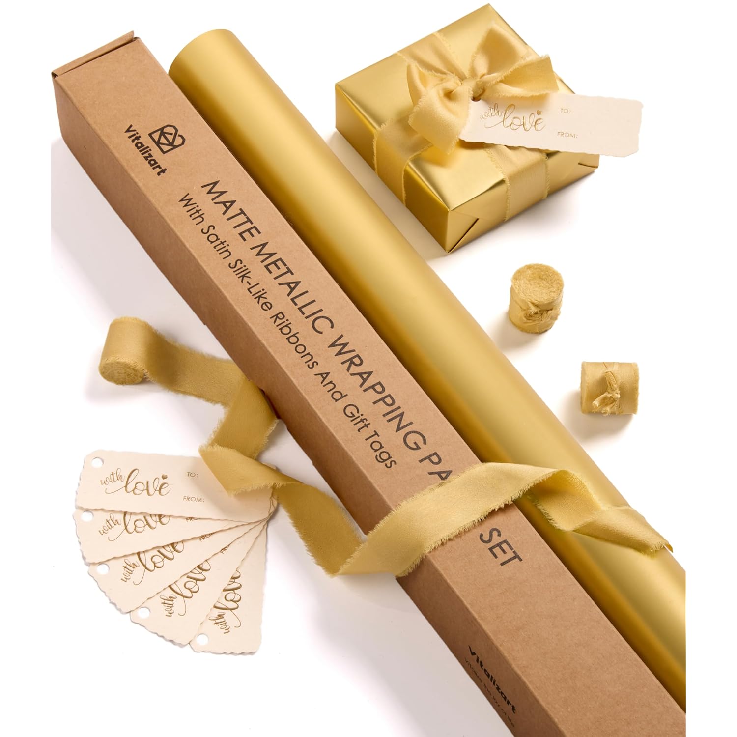 Gold Matte Metallic Wrapping Paper Set 30" With Silk Satin Ribbon & Gift Tags Christmas Gift Wrapping Birthday Baby Shower Wedding Bouquets Handmade Crafts 197"(16.4 Ft) Gold Ribbon