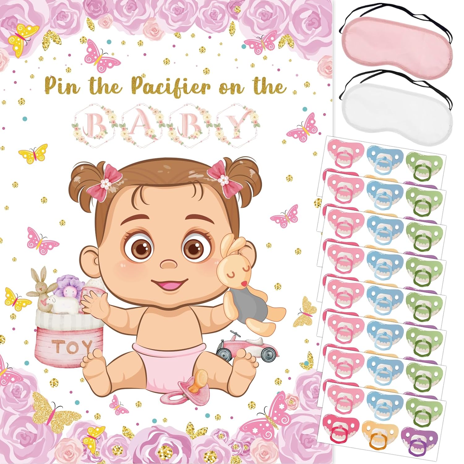 Pin The Pacifier On The Baby Game, Pink Baby Shower Decoration Pin Pacifier On Baby Poster Butterfly Theme Decor With 48 Pacifier Stickers Game For Baby Shower Party Birthday Party Supplies