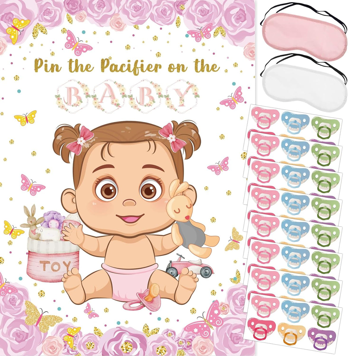 Pin The Pacifier On The Baby Game, Pink Baby Shower Decoration Pin Pacifier On Baby Poster Butterfly Theme Decor With 48 Pacifier Stickers Game For Baby Shower Party Birthday Party Supplies