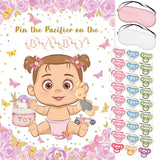 Pin The Pacifier On The Baby Game, Pink Baby Shower Decoration Pin Pacifier On Baby Poster Butterfly Theme Decor With 48 Pacifier Stickers Game For Baby Shower Party Birthday Party Supplies
