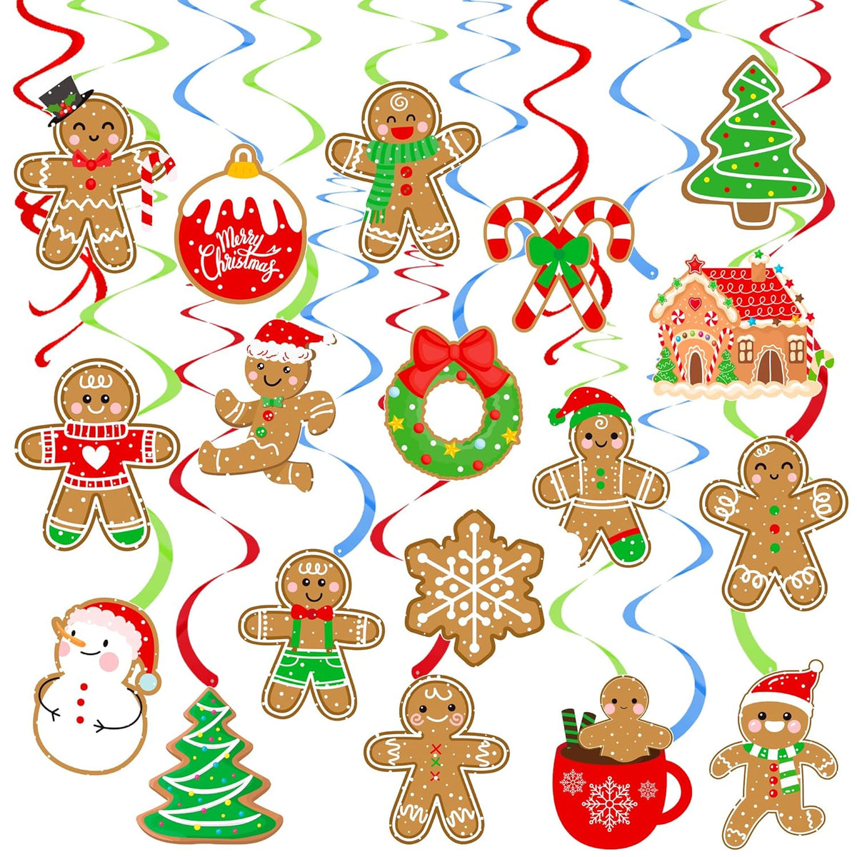Gingerbread Party Hanging Swirls Christmas Gingerbread Man Party Decorations 20Pcs Gingerbread Ceiling Swilrs Christmas Tree Hanging Cutout Streamers For Merry Xmas Snowman Party Supplies