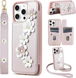 iPhone 16 Pro Wallet Case, Card Holder, Flower Design, Crossbody, PU Leather