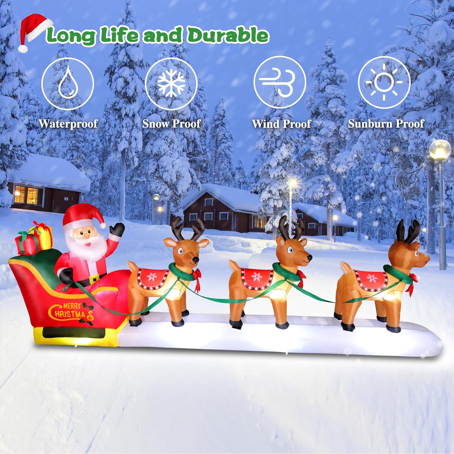 12Ft Long Christmas Inflatables Santa Claus On Sleigh With 3 Reindeer Yard Decoration, Cute Blow Up Santa Xmas Decor Wit
