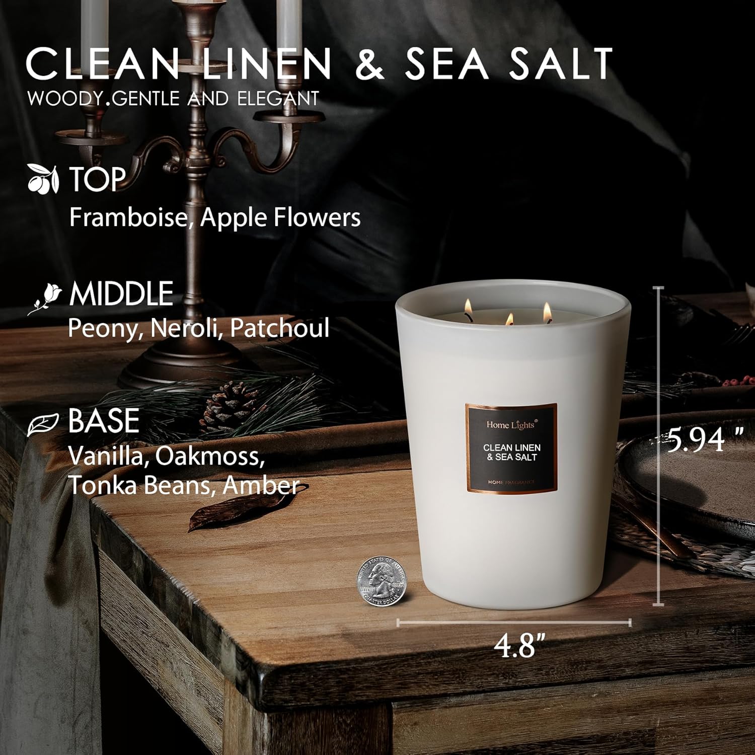 Homelights Scented Candles - Large Jar Aromatherapy, Natural Soy Wax, 130 Hour Long Burning, Clean Linen & Sea Salt