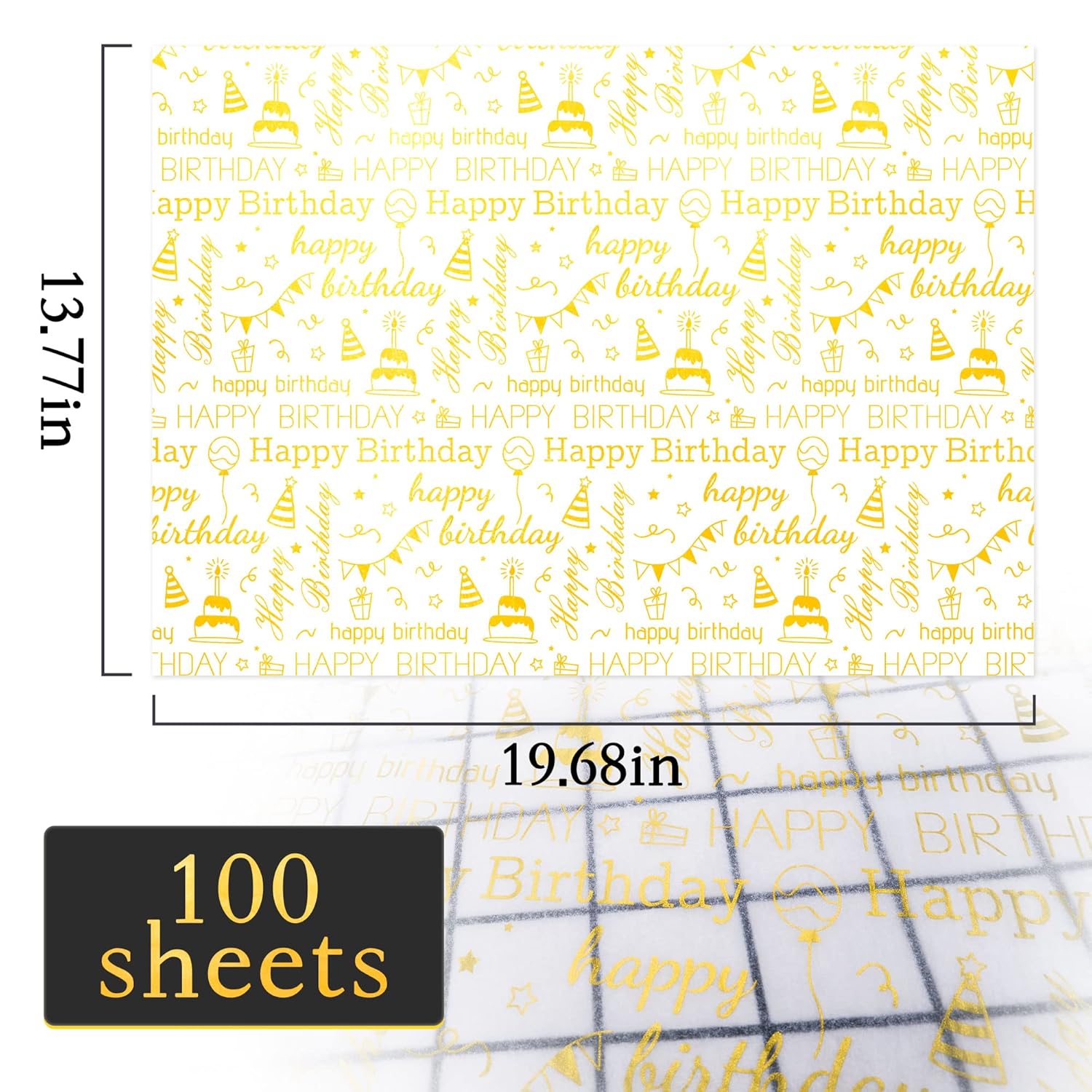100 Sheets Gold Birthday Tissue Paper Bulk,20" X 14",White With Gold Happy Birthday Design Tissue Paper For Gift Bags,Gold Birthday Tissue Paper For Birthday Party