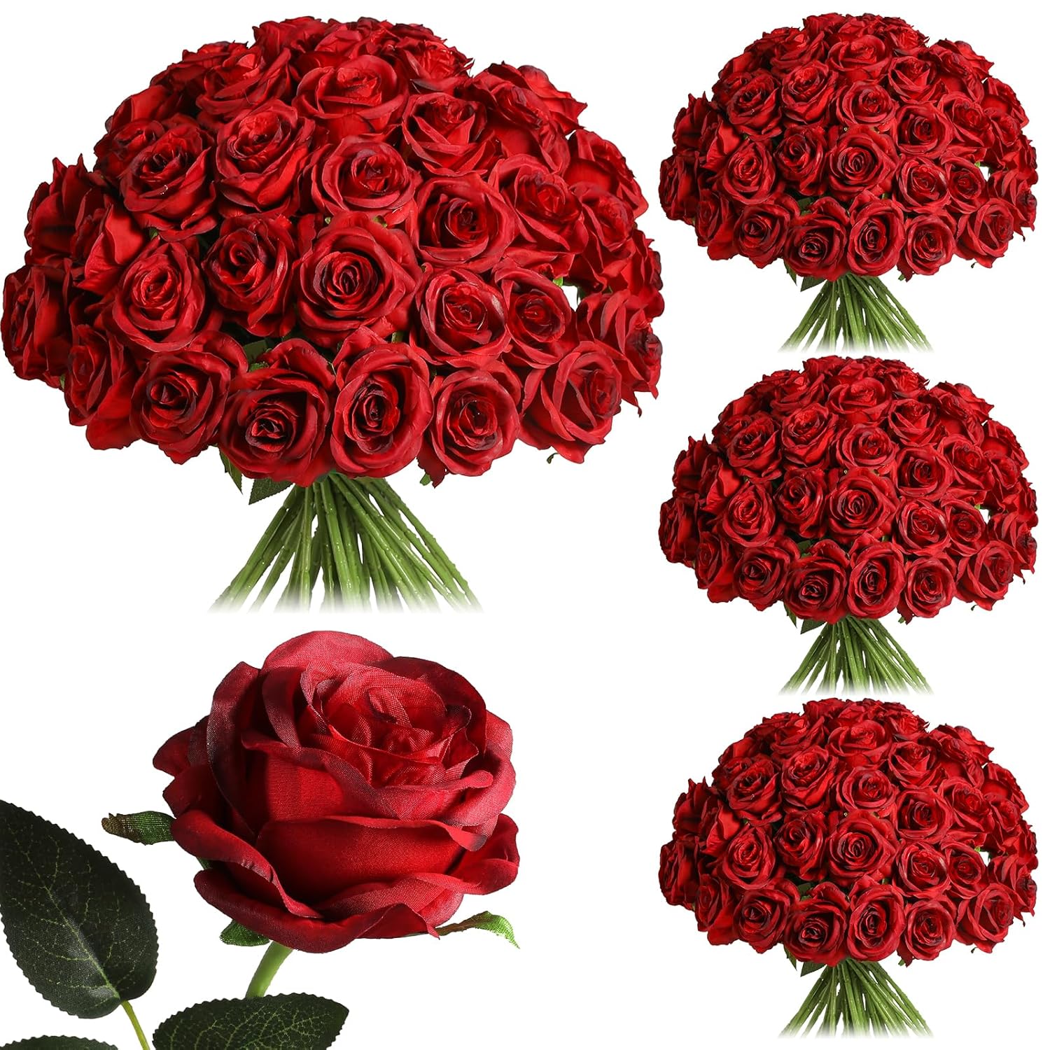 50Pcs Artificial Burgundy Roses Bulk, Fake Red Roses Flower With Stems Realistic Flowers For Wedding Centerpiece Home Party Decor(Burgundy)