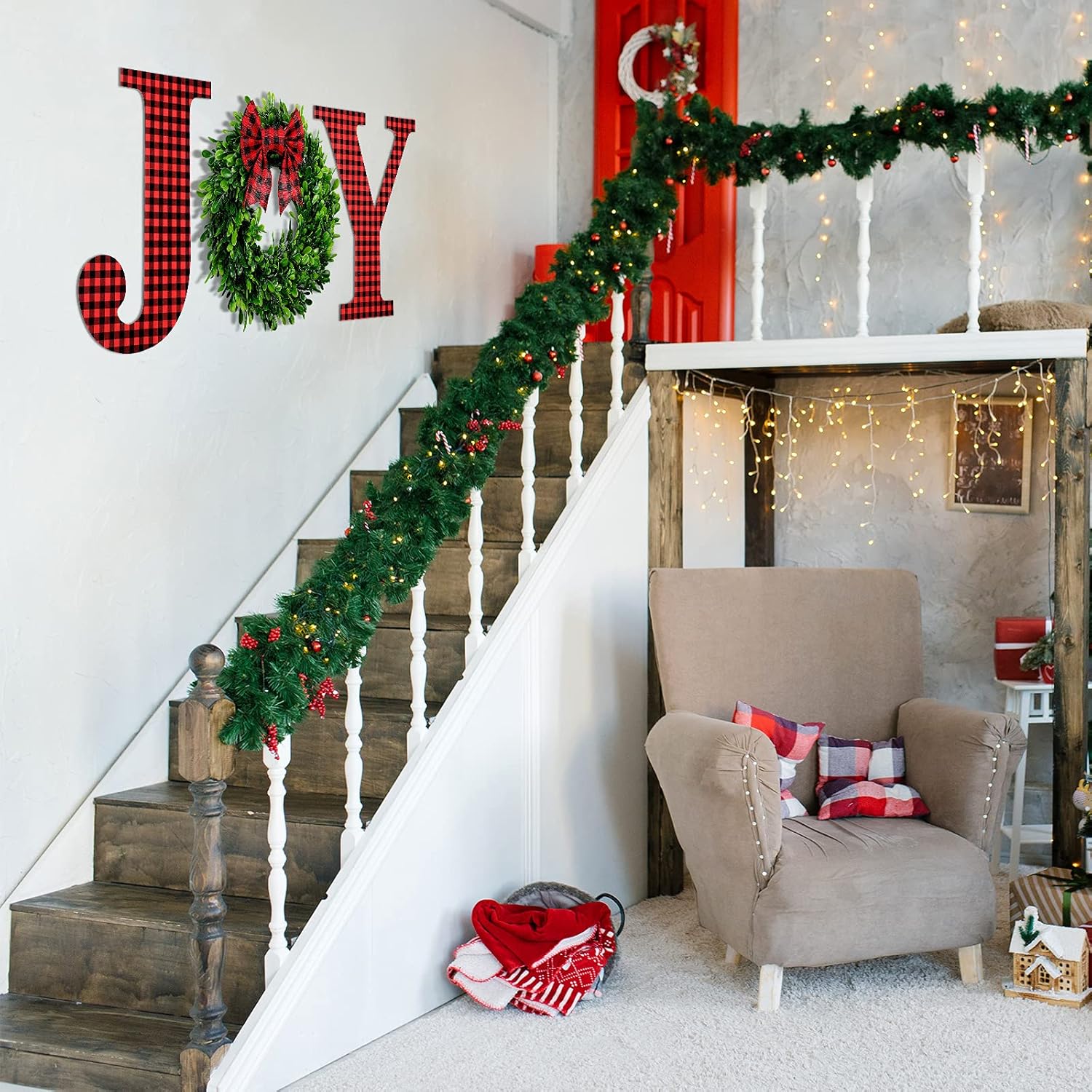 12 Inch Christmas Joy Home Sign - Wooden Wall Decor With Buffalo Plaid Hanging Letter And Faux Green Farmhouse Wreath - Large Indoor Outdoor Decoration With Plaid Bow (Red-Black)