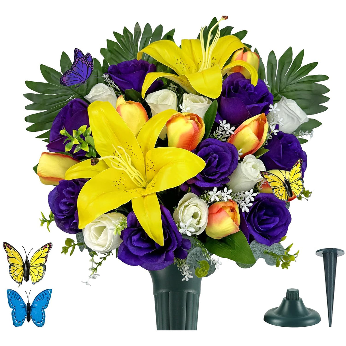 Artificial Cemetery Flowers - Memorial Flowers - Outdoor Sympathy Grave Flower Decorations For Mothers Day,Fathers Day,Lily/Rose