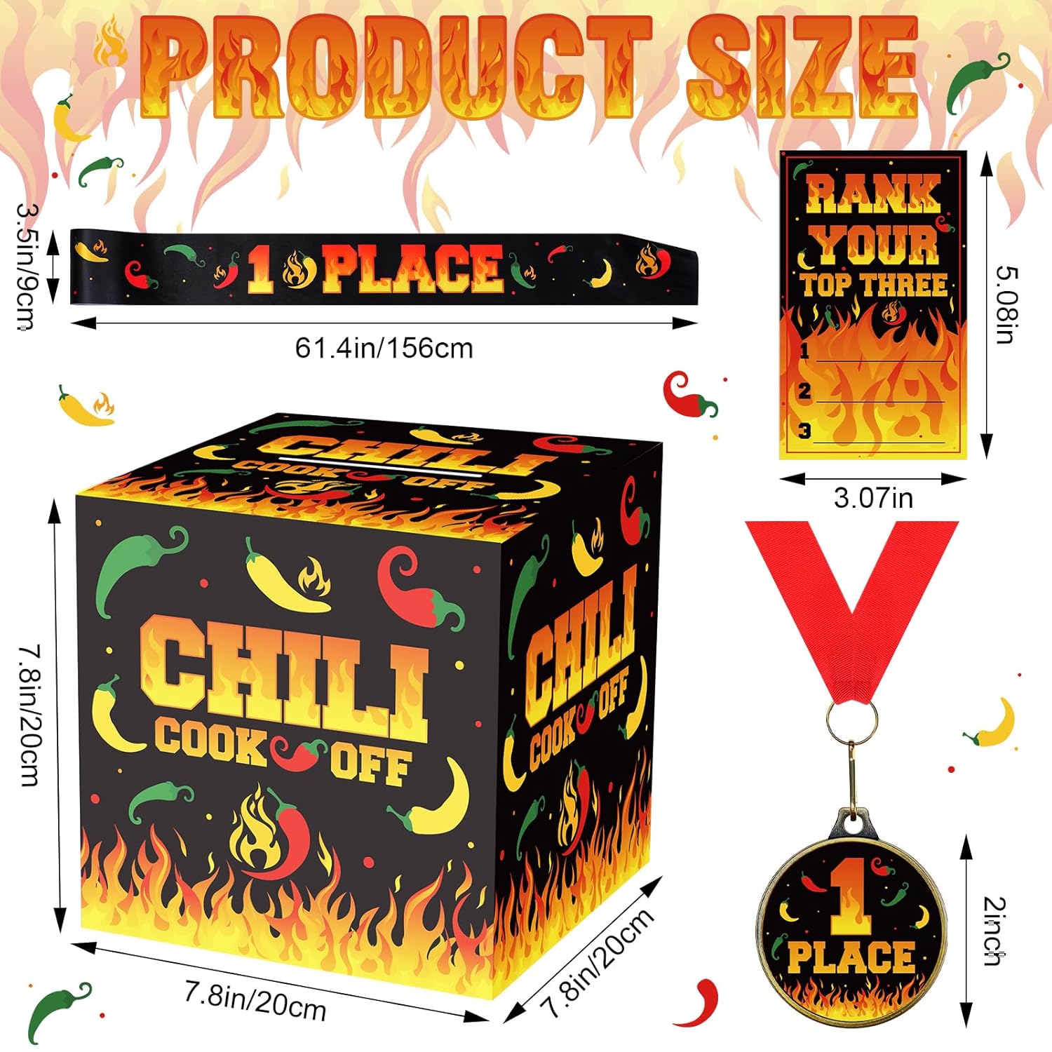Chili Cook Off Contest Ballot Box With 50 Pcs Pepper Voting Cards 3 Pcs Trophy Medals 3 Pcs Award Sash For Chili Cook Off Game Prizes Award Party Supplies Decorations