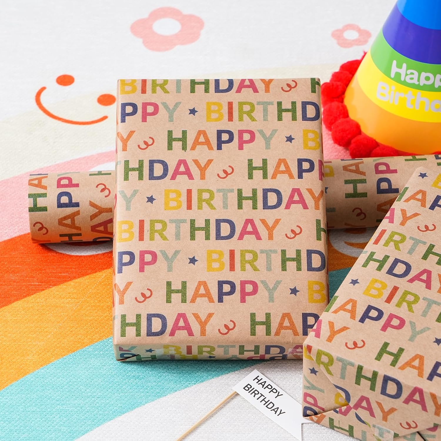 Kraft Birthday Wrapping Paper - Mini Roll - 17 Inches X 33 Feet - For Boys Girls Kids - Colorful Happy Birthday Pattern Great For Teen, Party, Baby Shower