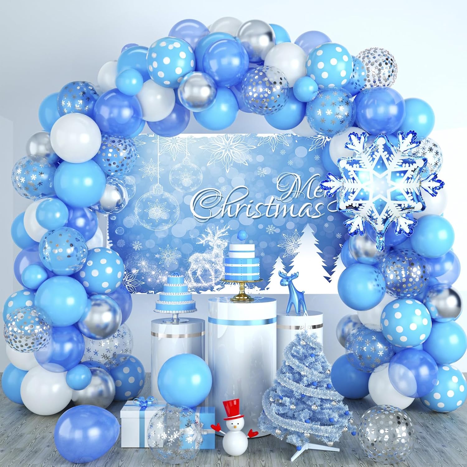 Christmas Snowflake Balloon Garland Arch Kit With Snow Backdrop Banner Pearl Blue White Metallic Silver Latex Balloons Polt Dot Snowflake Confetti Winter Xmas New Year Party Decoration Supplies