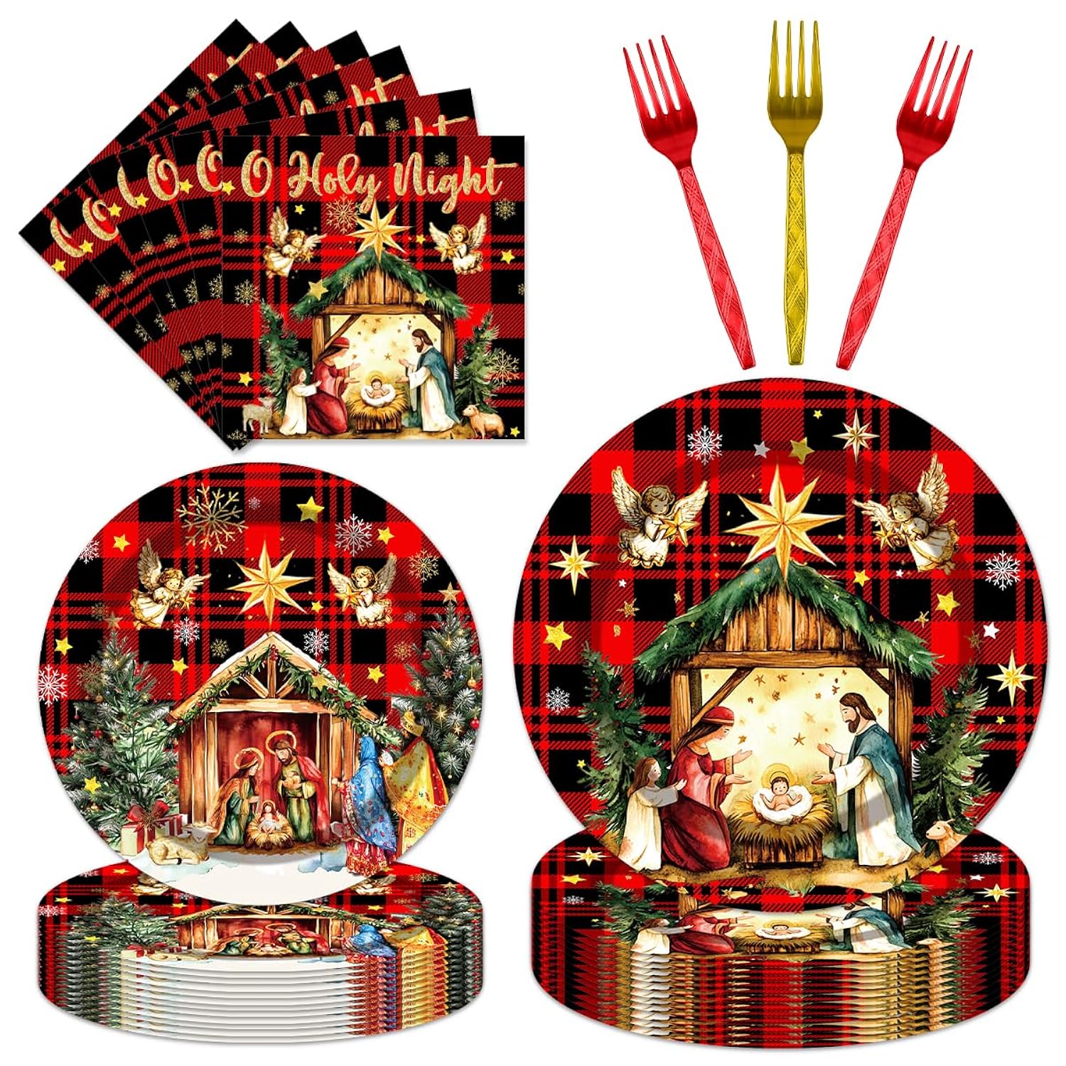 96Pcs Happy Birthday Jesus Decorations Disposable Tableware Set - O Holy Night Jesus Paper Plates Napkins Forks Christmas Jesus Birthday Party Supplies Serve 24 Guests