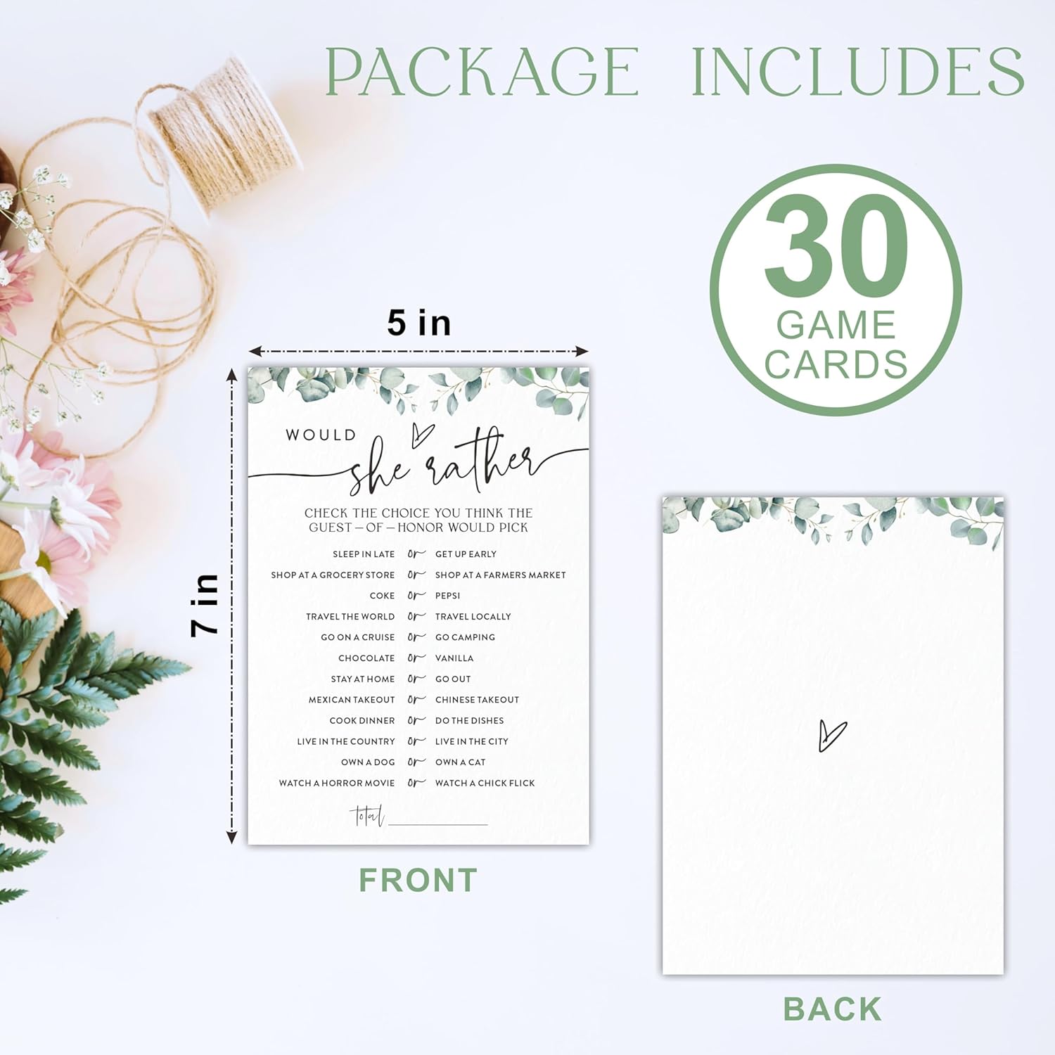 Would She Rather Bridal Shower Game - Greenery Eucalyptus - 30 Pcs Double-Sided Fill-In Wedding Game Cards For Newlyweds, Engagement Party Activities & Decorations -B01