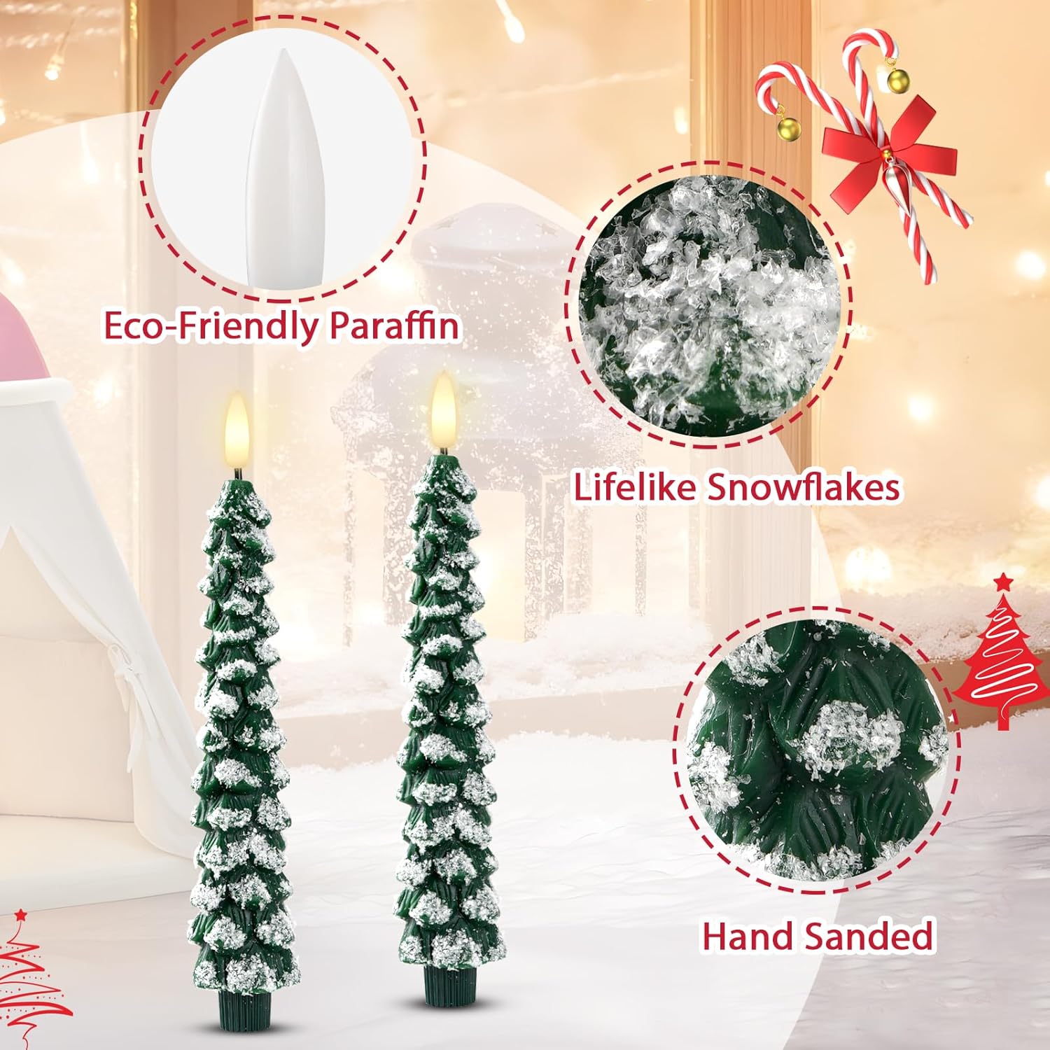 Flameless Christmas Tree Candles With Remote – 2 Pack Led Snowy Tree Battery Operated Candles, Realistic Flickering Flame, Safe Holiday Home Decor For Christmas Decorations & Gifts