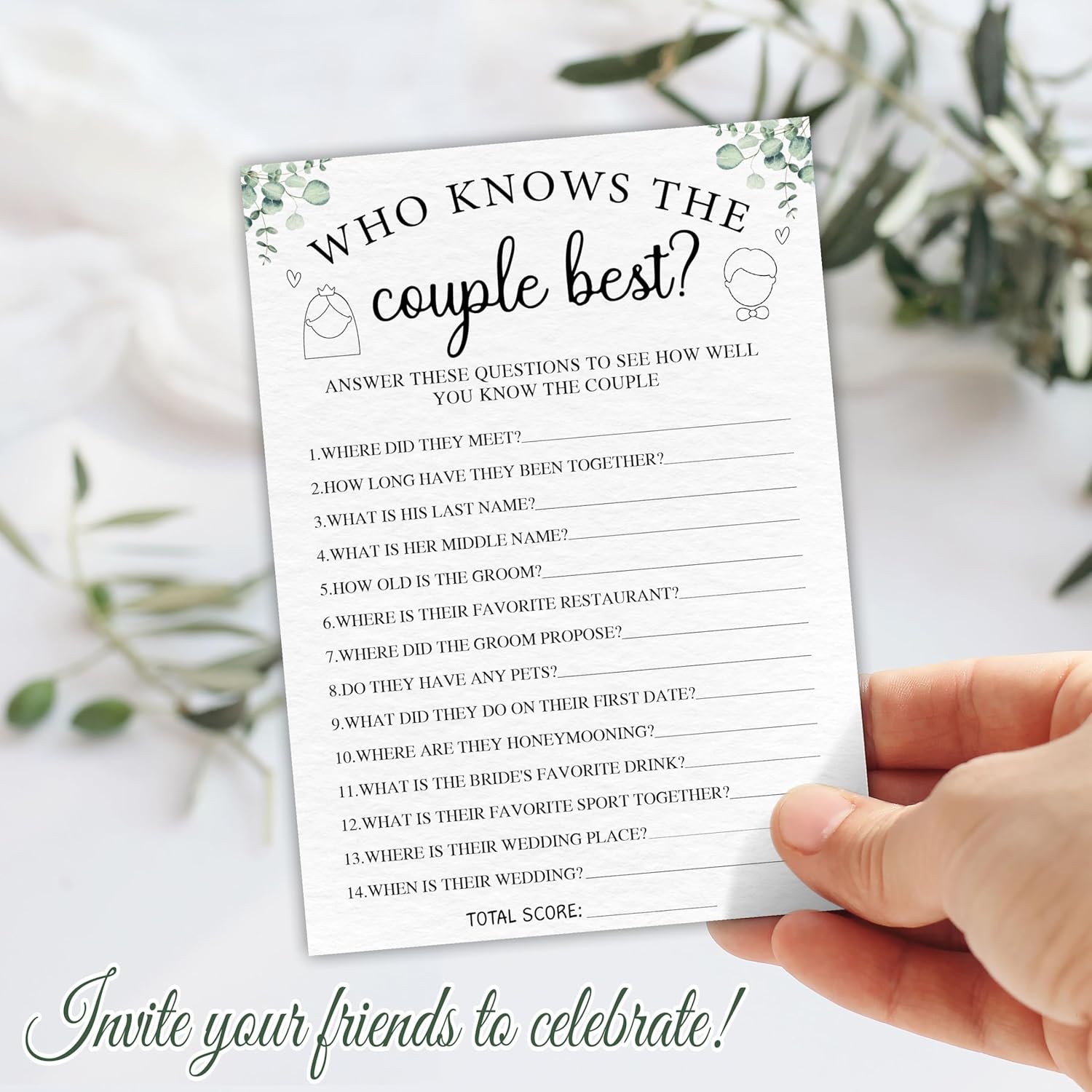 30 Bridal Shower Game Cards, Who Knows The Couple Best Eucalyptus Leaf Plant Themed Wedding Games, Suitable For 30 Guests? Engagement? Wedding Party Activity Games? Favors & Supplies - A06