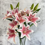 Yalzone 2 Pcs 28 Inch Pink Artificial Lily Flowers Fake Real Touch Lily 3 Heads 2 Buds Pink Flowers Artificial Faux Lily For Home Office Decor Wedding Bouquet Decoration Table Centerpiece (W045)
