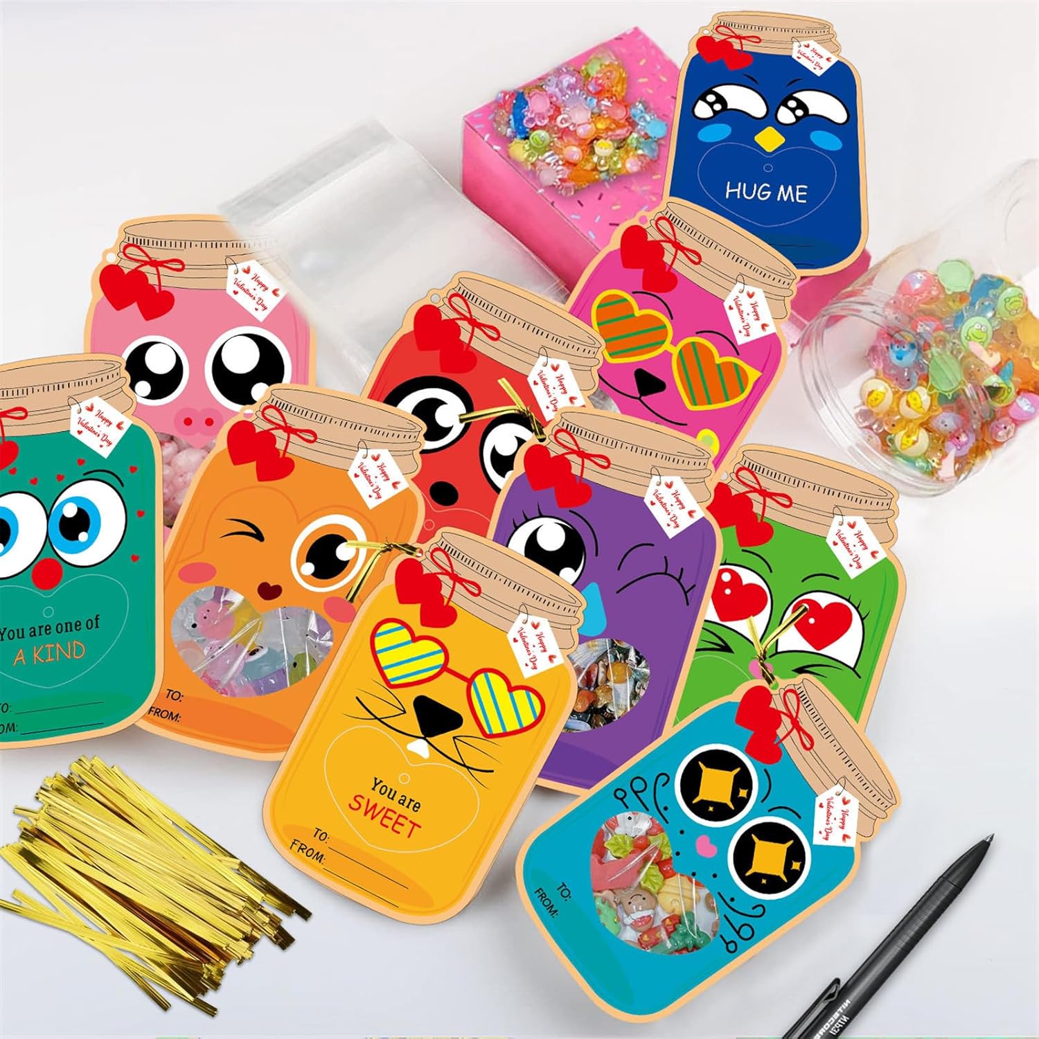 Valentine'S Day Cards For Kids, Happy Valentines Day Mason Candy Jar Cards With Treat Bags For Boys Girls Toddler School Class Classroom Exchange Party Favors 50 Pack (Candy Not Included)