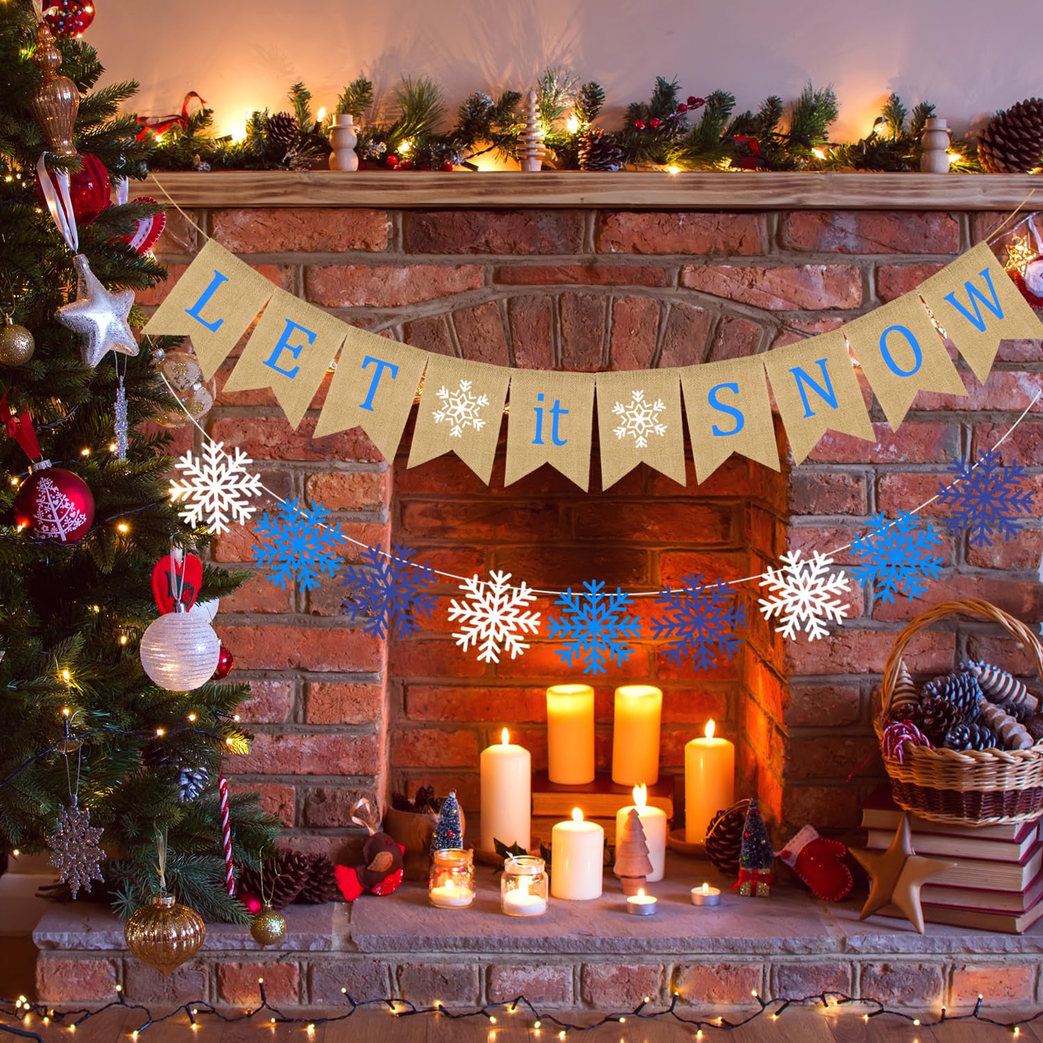 Let It Snow Burlap Banner Winter Snowflake Garland Bunting Xmas Be Merry Bunting Banner Blue White Snowflake Party Banner Merry Christmas Hanging Banner For Holiday Home Fireplace Mantel Decor