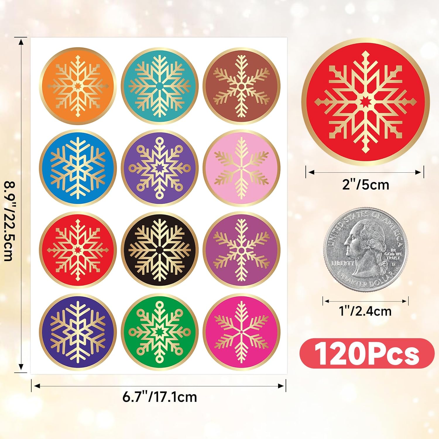 Christmas Snowflake Stickers - 120Pcs 2Inch Gold Foil Stamping Design Envelope Seal Labels, Merry Xmas Gift Stickers For Cards