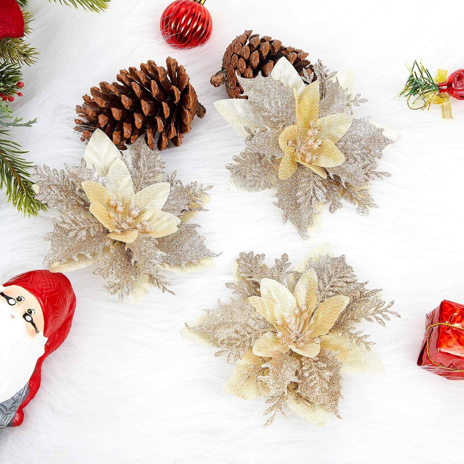 15Pcs Christmas Poinsettia Artificial Flowers Decorations, Glitter Poinsettia Christmas Tree Ornaments, Champagne Tree Flowers For Xmas/Holiday/Wreath/Garland Decor, With Cilps, 5.5 Inch