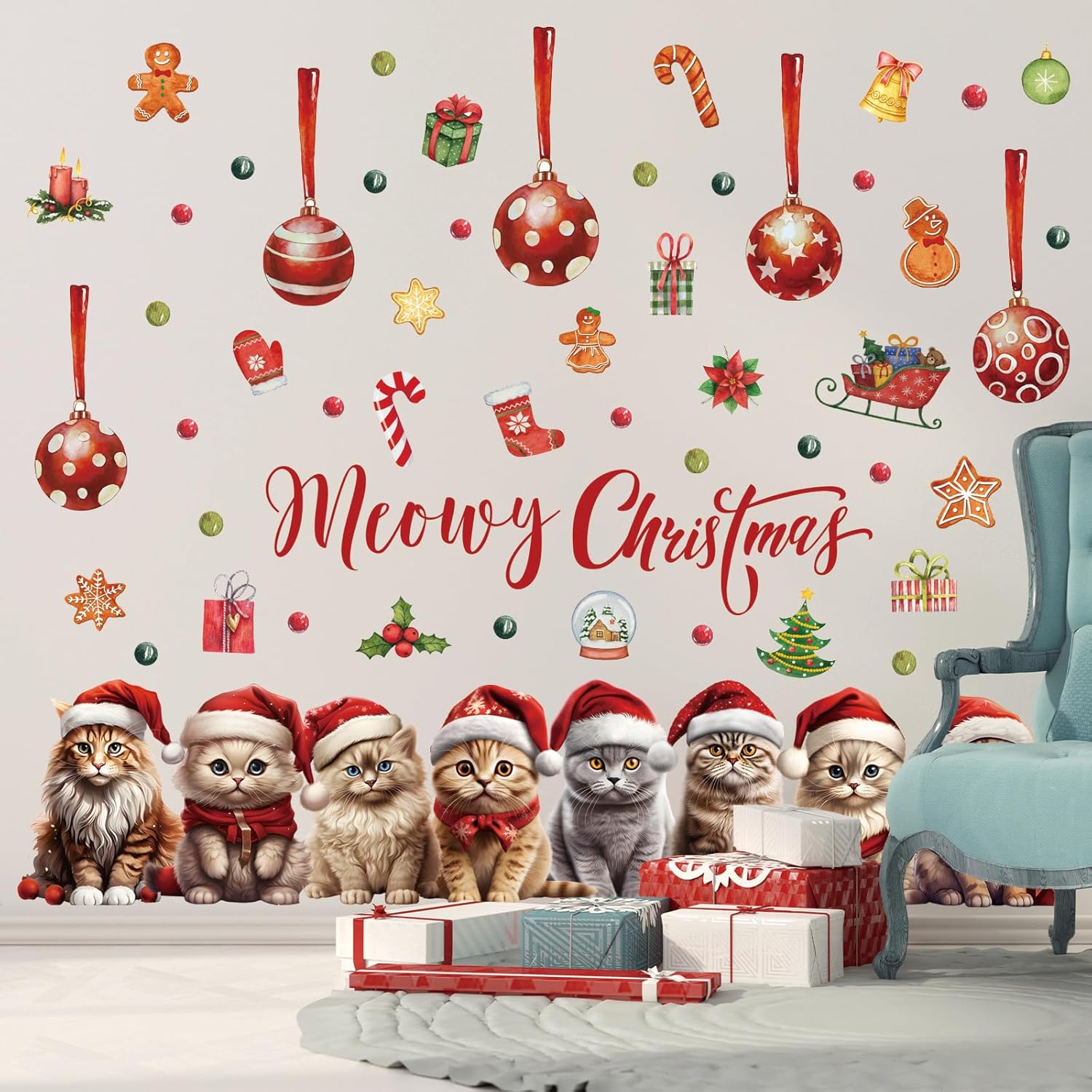 Christmas Cat Wall Decal Merry Christmas Wall Sticker Removable Christmas Cat Wall Decals Decor For Winter Christmas Holiday Party Supplies Home Window Decor