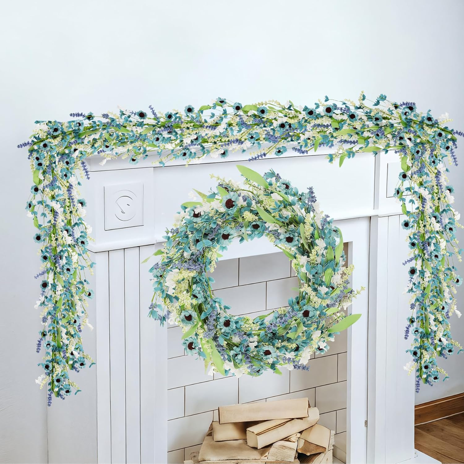 6Ft Blue Flower Garland Fake Flowers Vines Faux Artificial Floral Garland Summer Spring Wreath Blueness With Green Leaves Wreaths Blue Daisy Artificial Grains Flower Wreath For Front Door Wreaths