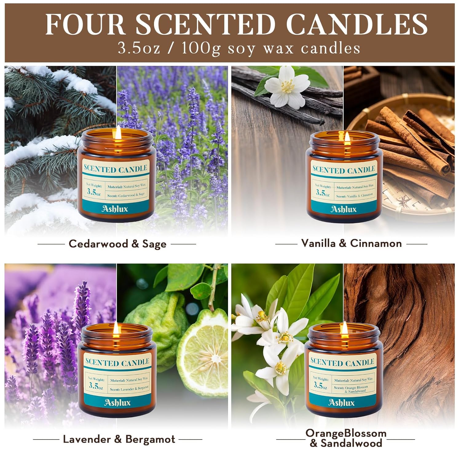 4 Pack Scented Candles As Candle Gift Set, Candle Set For Women, Long Lasting Soy Wax Amber Jar Aromatherapy Candles For Stress Relief, Home Decoration, Birthday, Valentine'S Day