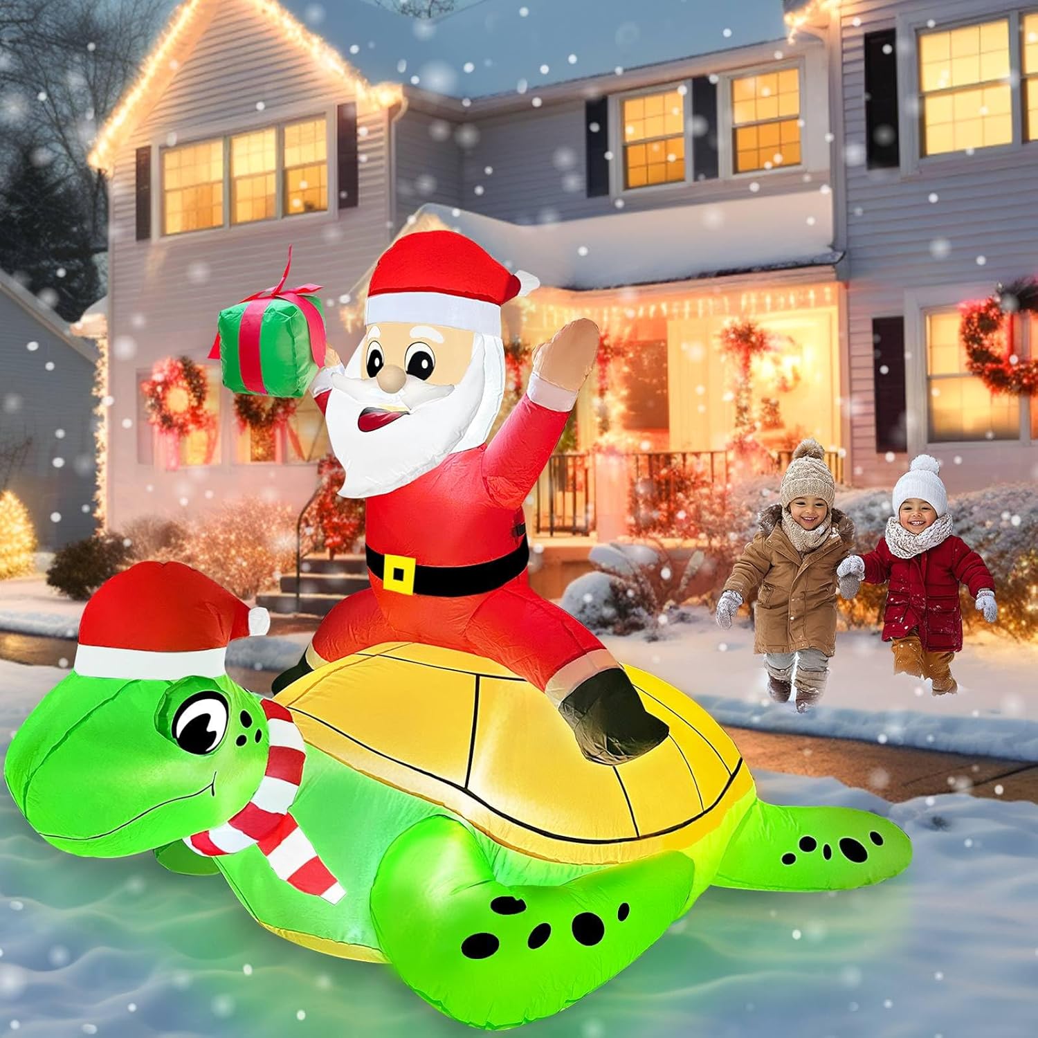 5 Ft By 4 Ft Christmas Inflatables Santa Ride On Sea Turtle With Led Lights, Outdoor Christmas Inflatables With Sandbag