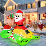 5 Ft By 4 Ft Christmas Inflatables Santa Ride On Sea Turtle With Led Lights, Outdoor Christmas Inflatables With Sandbag