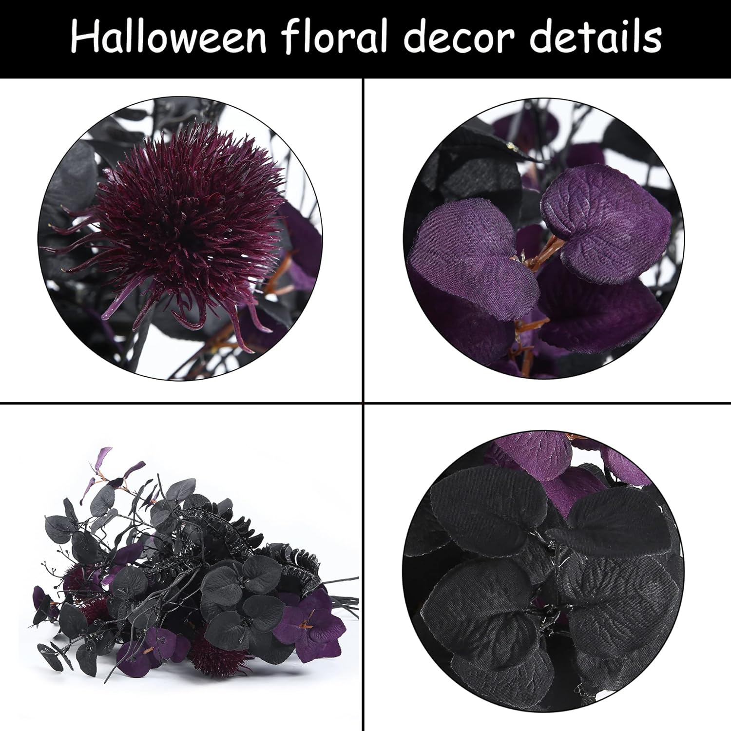 7Pcs 18" Faux Halloween Floral Picks Tabel Centerpieces Decoration, Artificial Gothic Black Purple Eucalyptus Leaves Flowers Stems Picks Bouquet Decor (Blk-Purple)