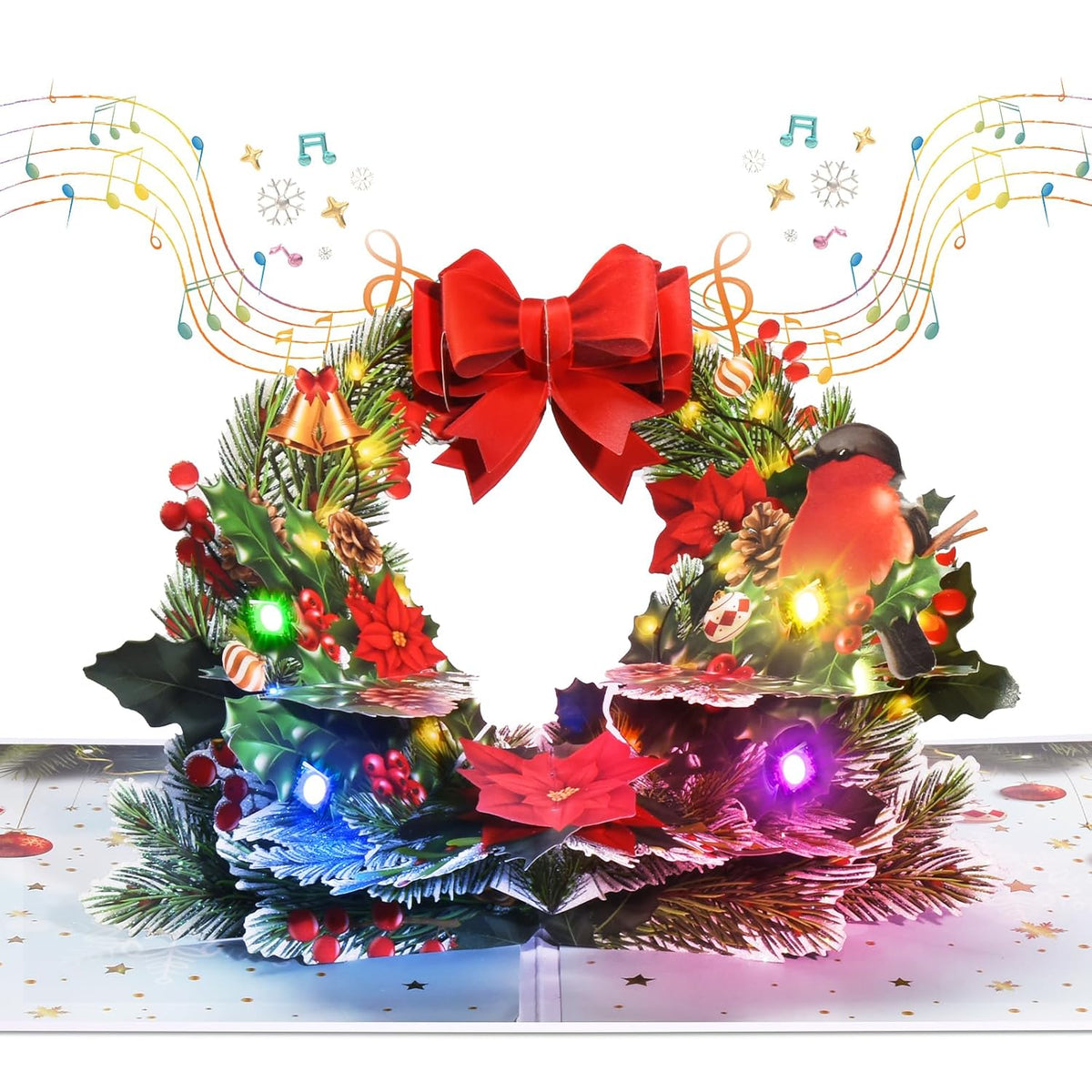 Pop Up Christmas Cards With Lights And Music, 3D Wreath Design, Handmade Musical Popup Greeting Card For Holidays Includes Envelop, Playing 'We Wish You A Merry Christmas'