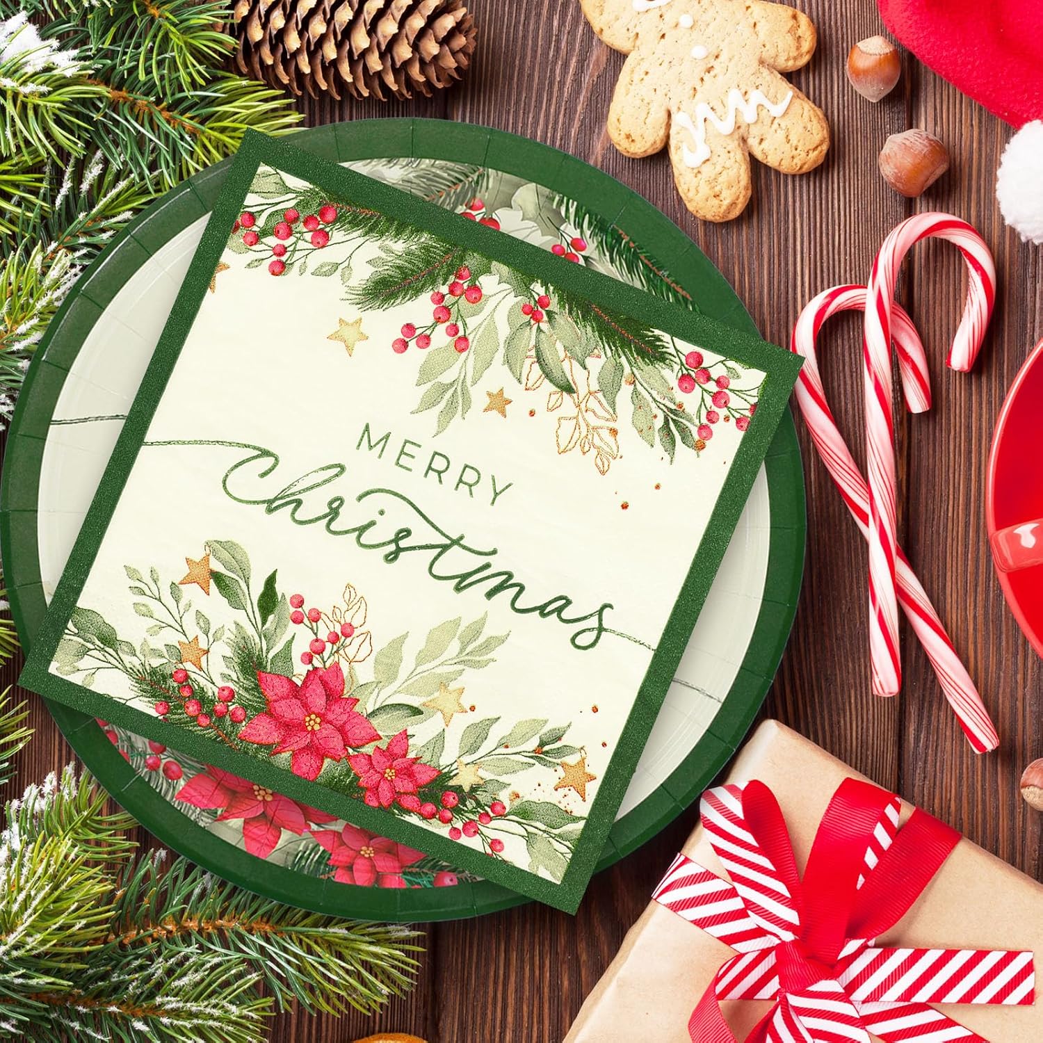 24 Sets Christmas Holly Paper Plates Cups Napkins Party Decorations Poinsettia Mistletoe Disposable Plates Merry Christmas Tableware Set For Xmas Winter Holiday Wedding Birthday Party