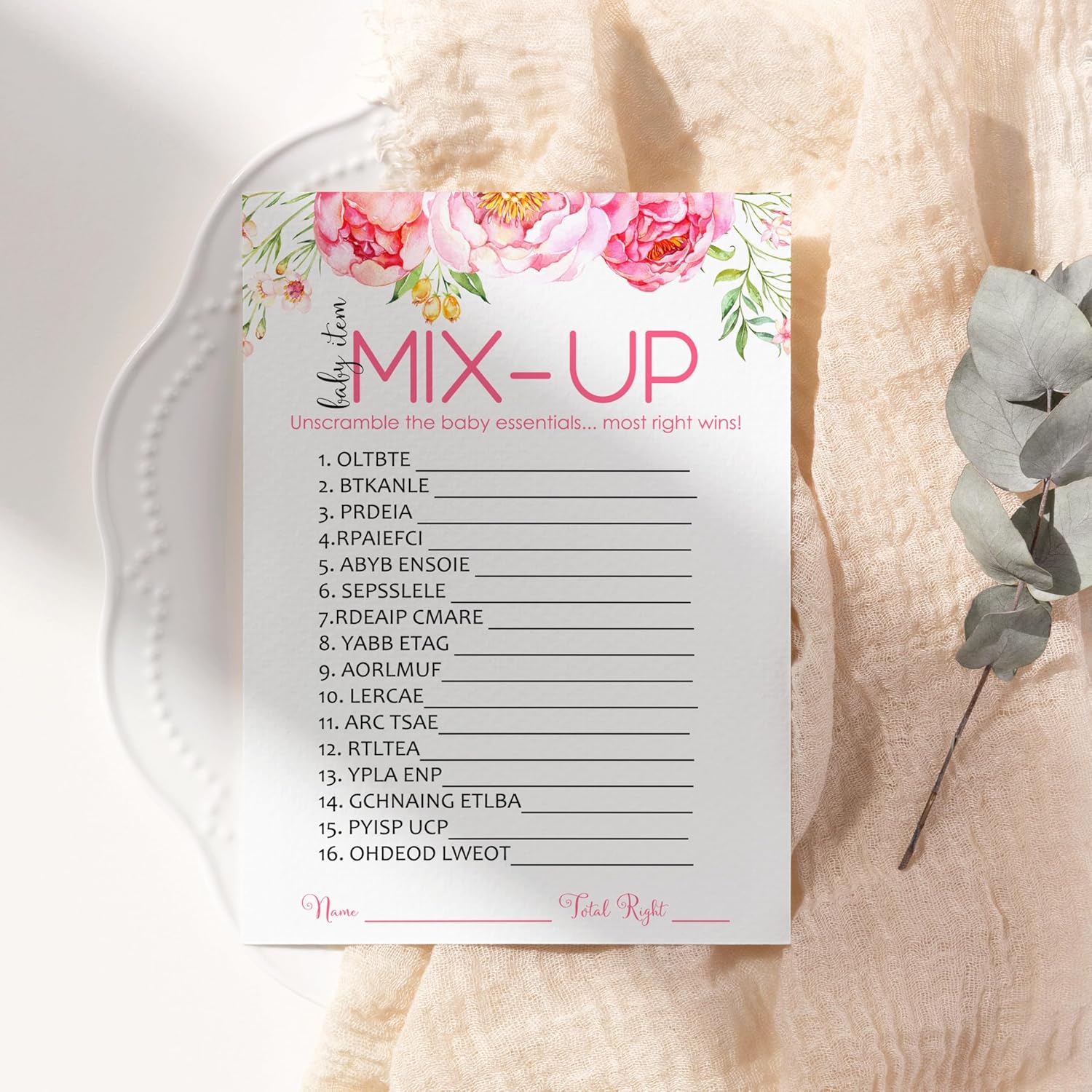 Floral Baby Shower Word Scramble Game Cards - 25 Pack - Rustic Prize Game For Baby Showers - Fun Unscramble Activity - Cute Guest Party Game Ideas