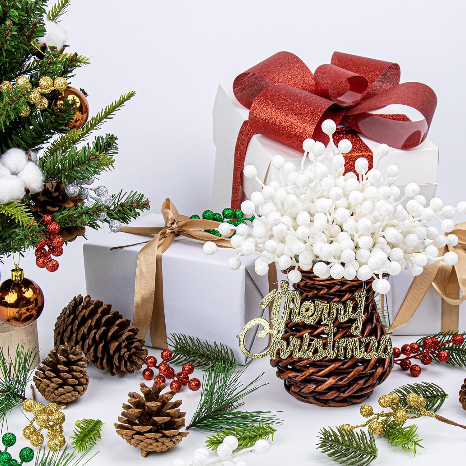 32 Pack Glitter Christmas Picks 6.5 Inch Christmas Berry Stems White Artificial Berry Stems For Holiday Xmas Tree Home Decorations