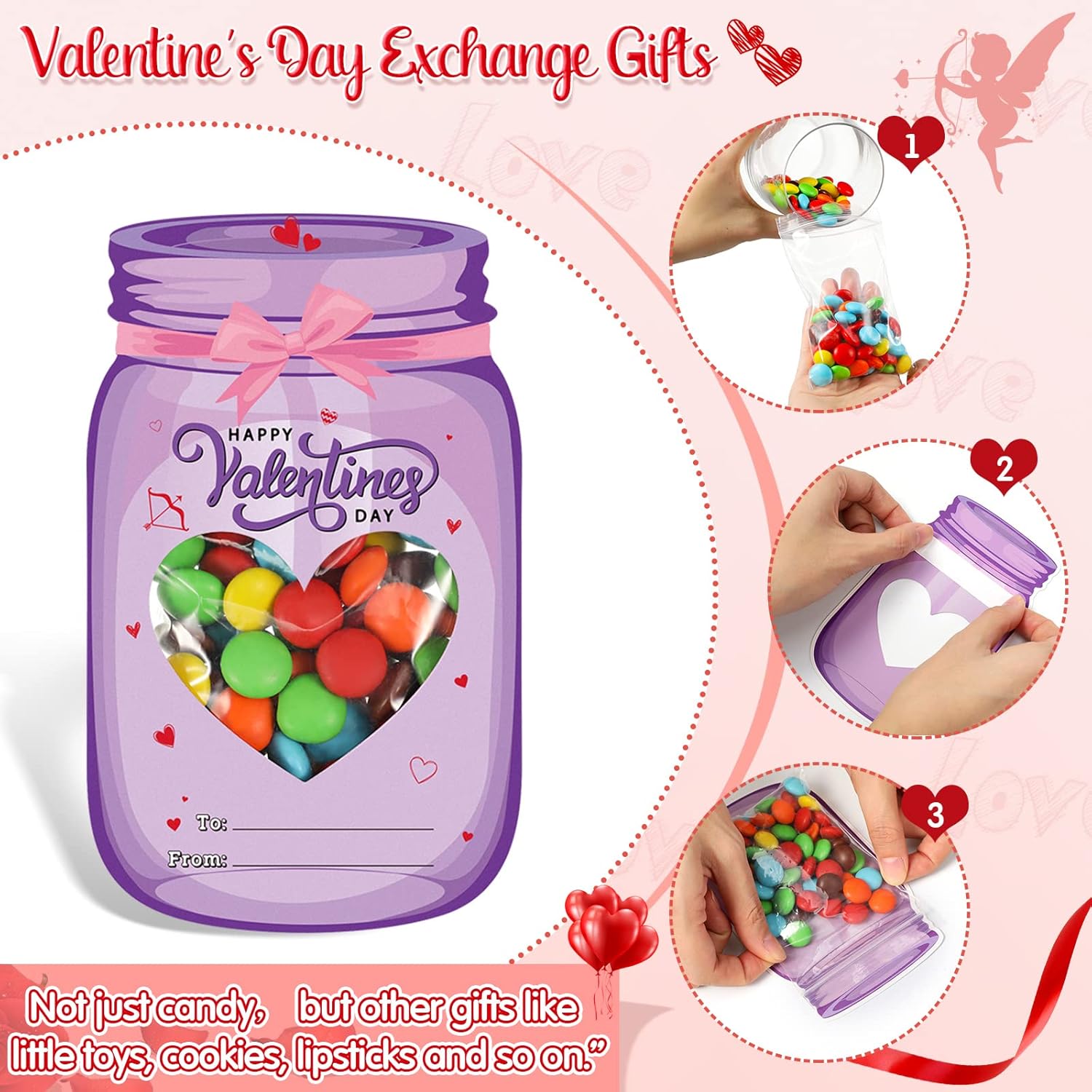 60 Set Valentine'S Day Cards Bulk Valentines Mason Jars Cards For School Classroom Party Favors Candy Holder Exchange Gifts Supplies(Hollow Heart)