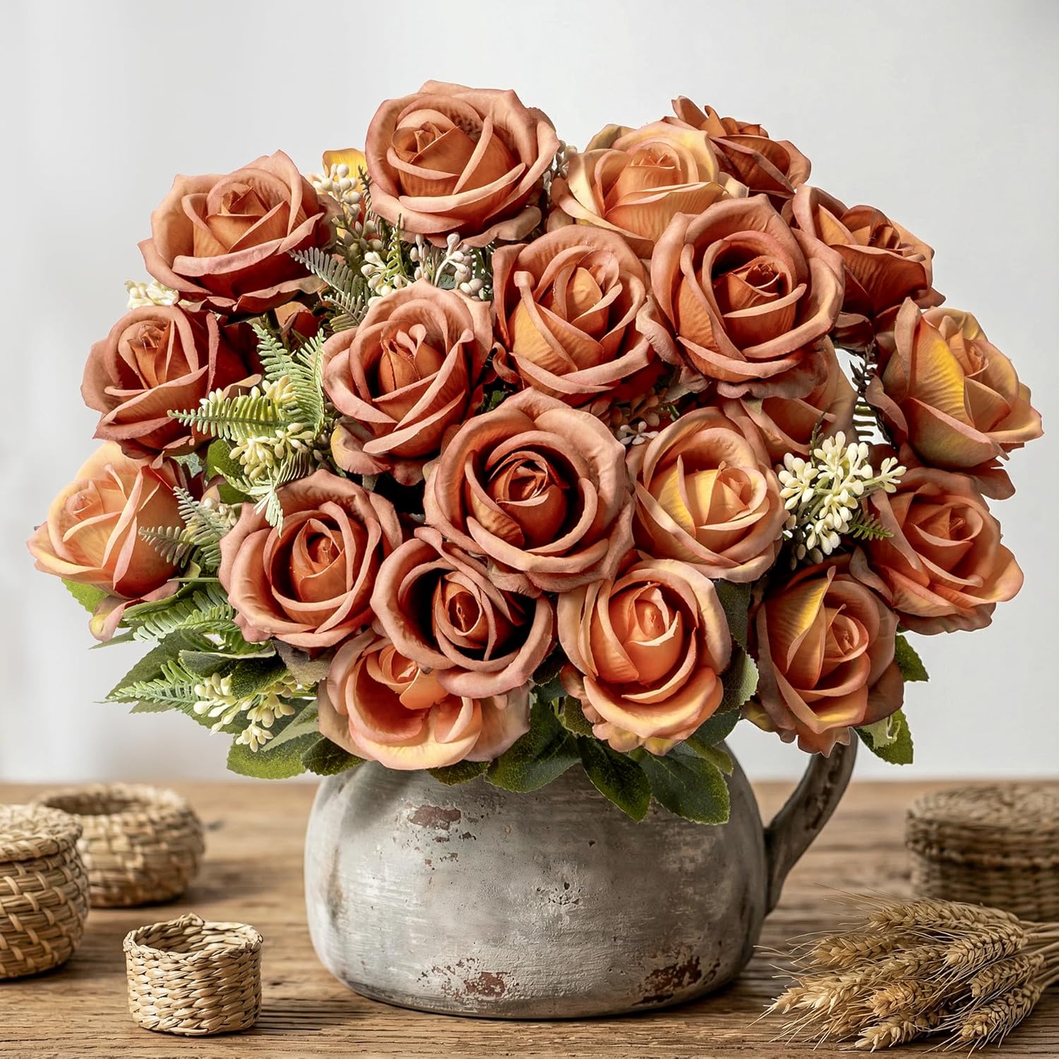 Fake Roses Burnt Orange Roses Artificial Roses Silk Roses Artificial Roses With Stems Faux Roses For Wedding Cemetery Grave Outdoor Indoor Valentine'S Day Farmhouse Decoration No Vase(4Pcs)