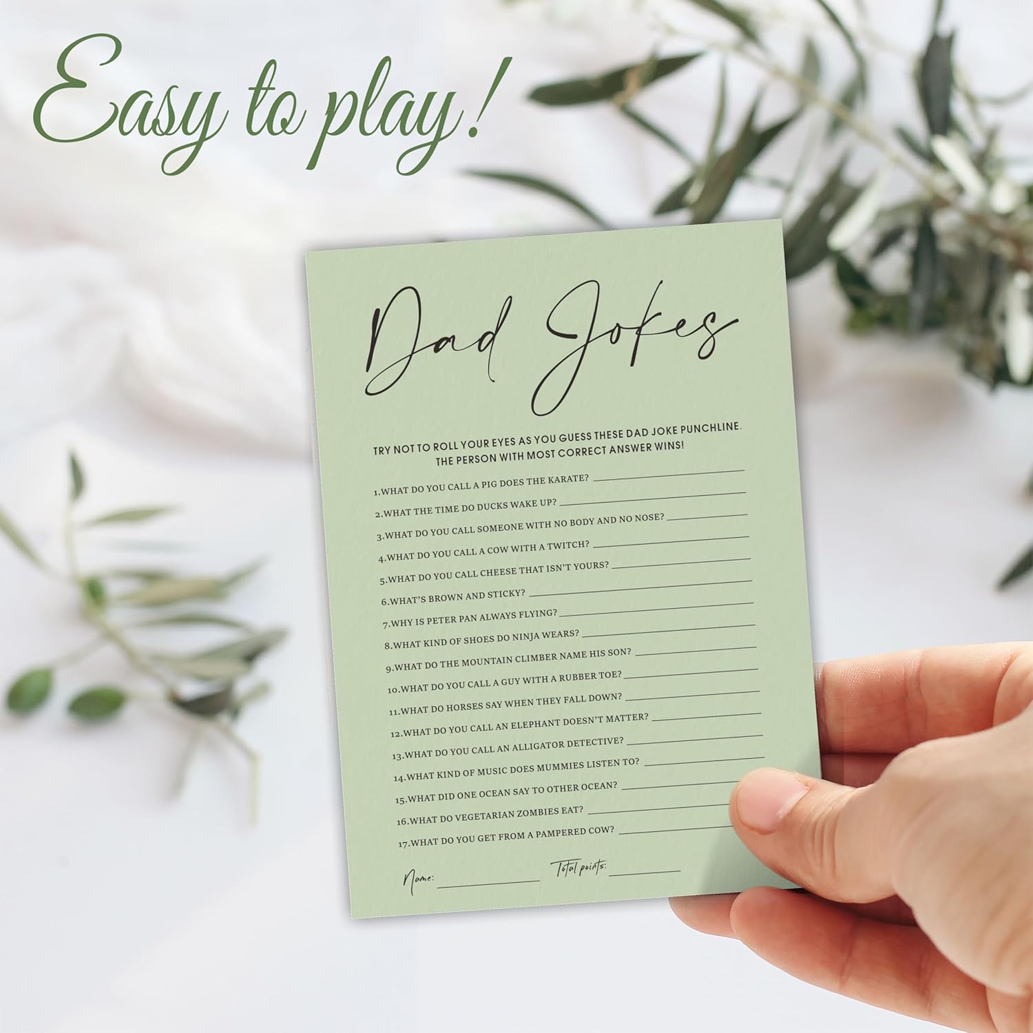A16 30 Pcs Minimalist Green Baby Shower Game Cards With Answer Card, Dad Jokes Game, Baby Shower Games To Play With Family And Friends, Gender Reveal Party Supplies