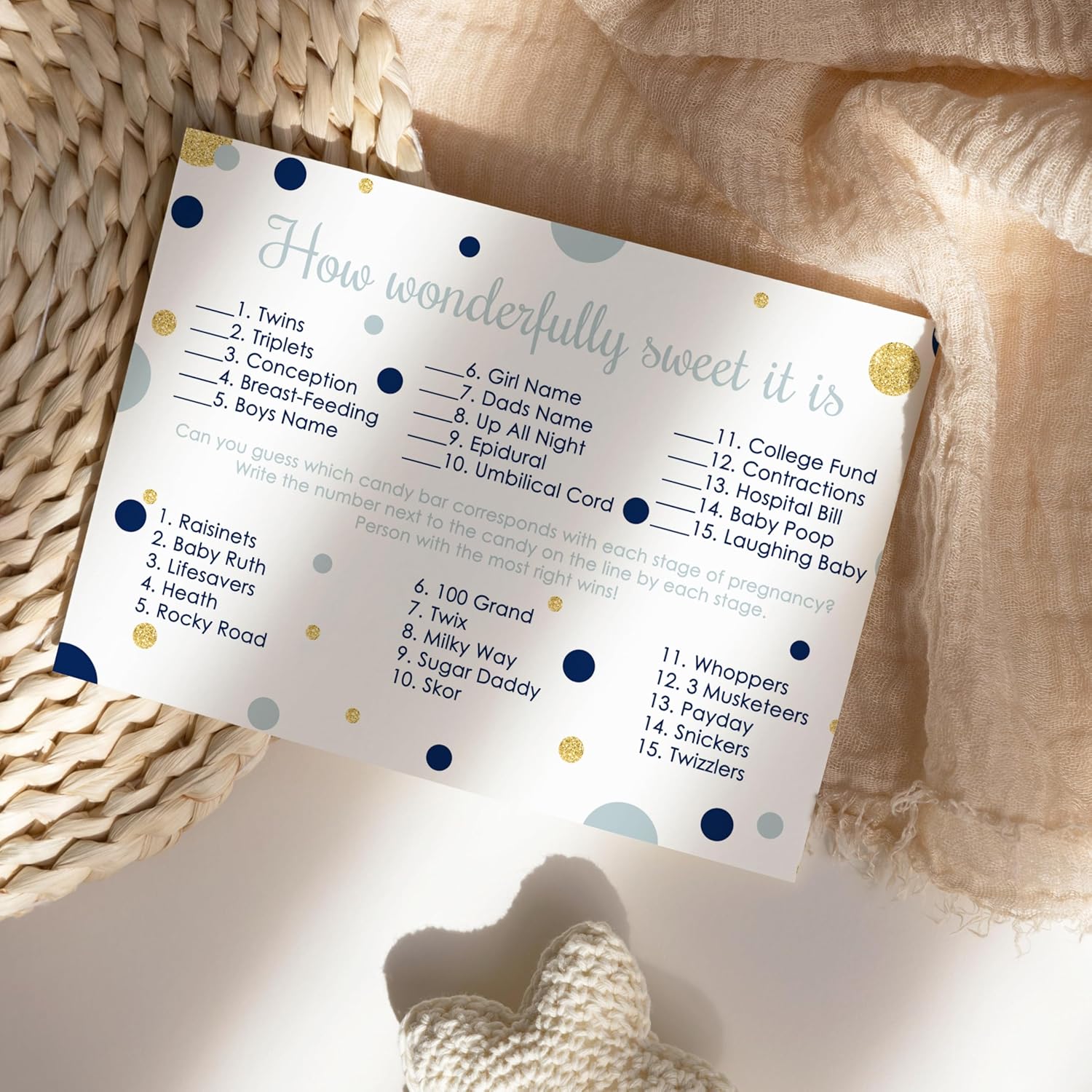Navy And Gold Baby Shower Game - Candy Bar Matching Activity Cards - Guess The Stages Of Pregnancy And Parenthood - Funny Game For Guests - Royal Prince Little Star Theme - 25 Pack