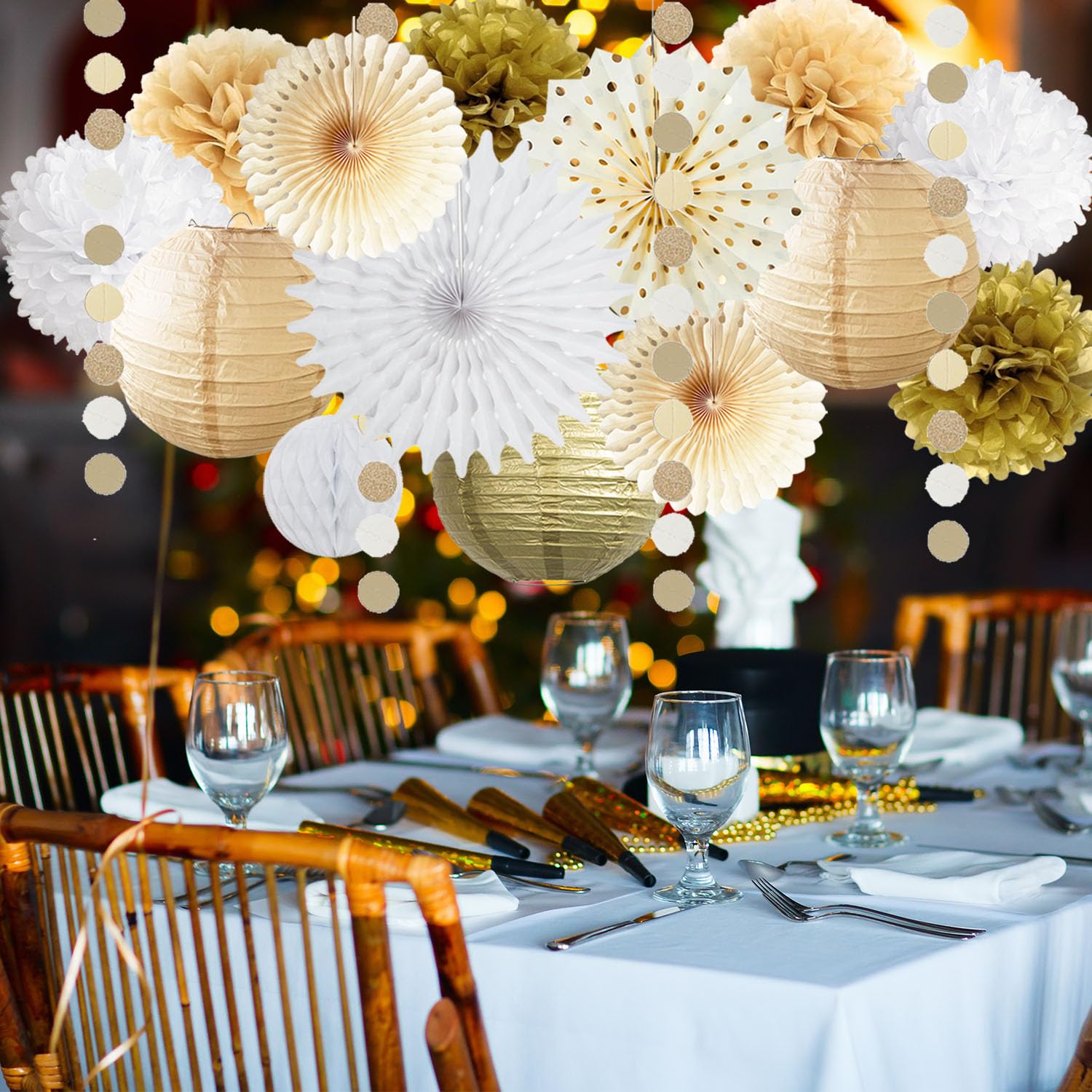 White Gold Party Decorations Tissue Pom Poms Paper Lanterns Hanging Paper Fan Honeycomb Christmas Wedding Engagement Bachelorette Neutral Birthday Baby Bridal Shower Decoration