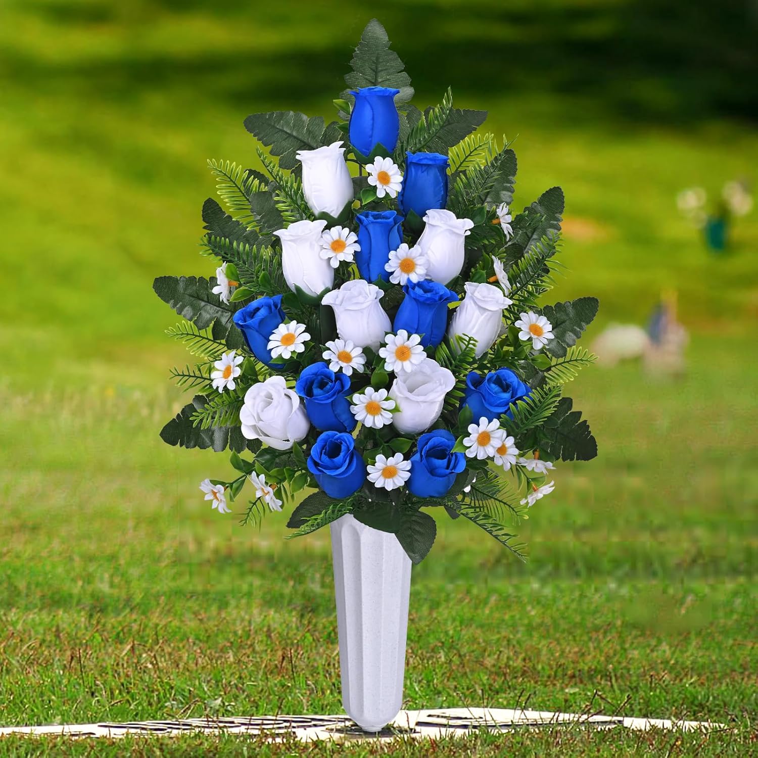 2 Sets Artificial Cemetery Flowers For Grave, Realistic Grave Flowers Memorial Flower Uv Resistant Silk Rose Flower With Vase For Cemetery Decorations (Blue, White)