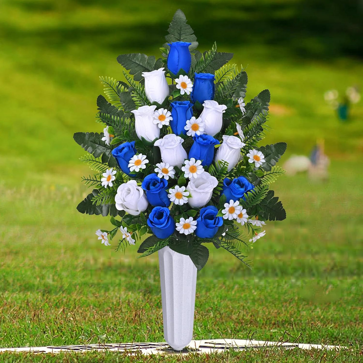 2 Sets Artificial Cemetery Flowers For Grave, Realistic Grave Flowers Memorial Flower Uv Resistant Silk Rose Flower With Vase For Cemetery Decorations (Blue, White)